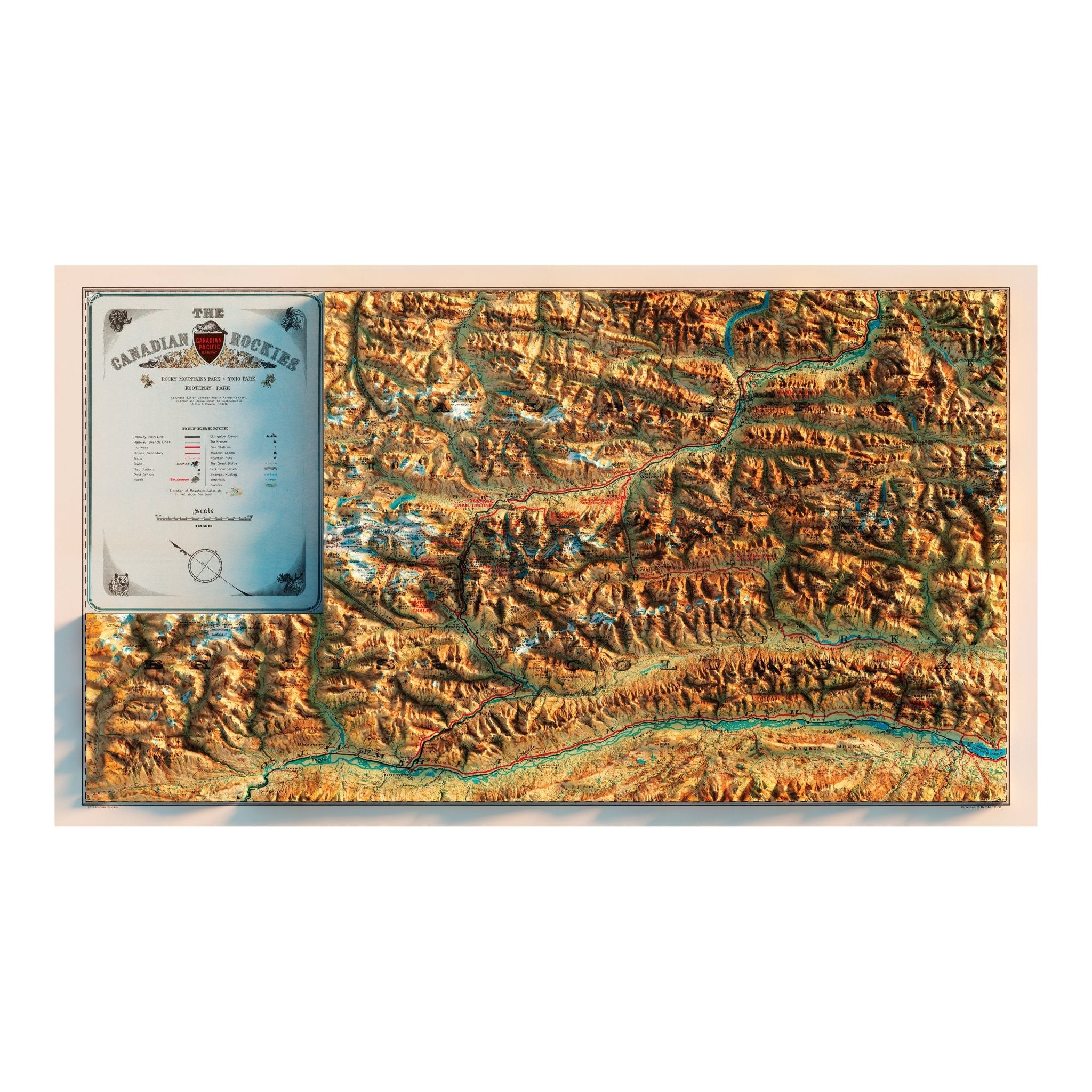 Canadian Rockies 1926 Shaded Relief Map - Muir Way - Vintage Relief