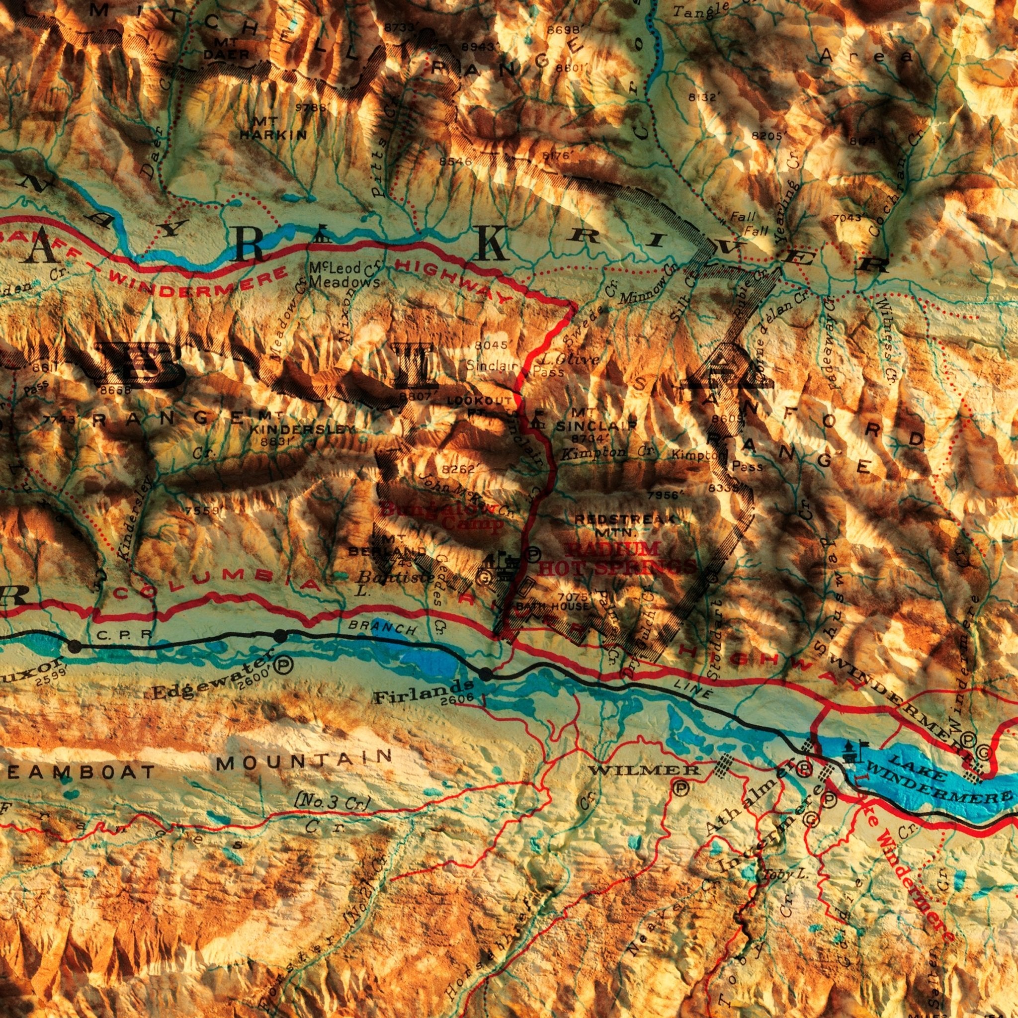 Canadian Rockies 1926 Shaded Relief Map - Muir Way - Vintage Relief