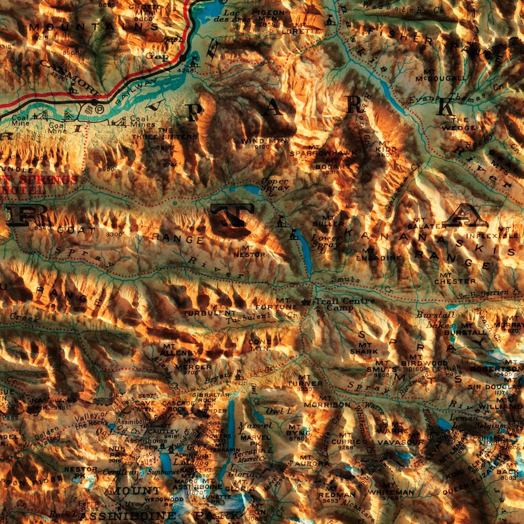 Canadian Rockies 1926 Shaded Relief Map - Muir Way - Vintage Relief