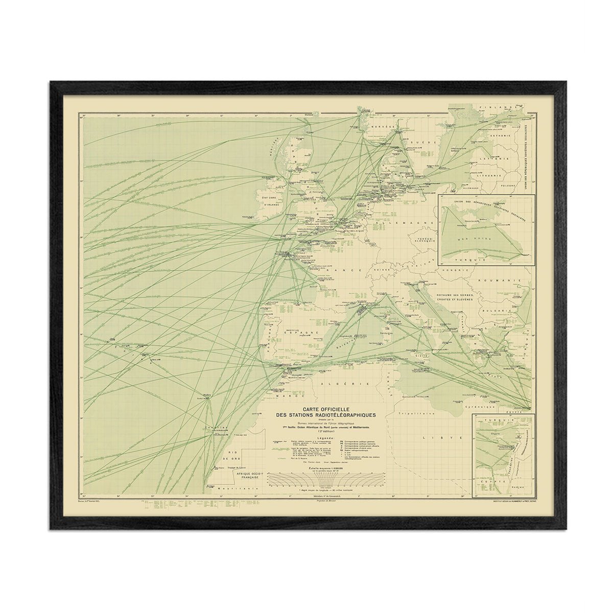 Carte Officielle des Stations Radiotelegraphiques of the Atlantic Ocean NE and Mediterranean 1925 - Muir Way - Vintage Map