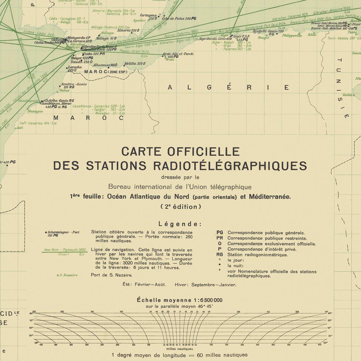 Carte Officielle des Stations Radiotelegraphiques of the Atlantic Ocean NE and Mediterranean 1925 - Muir Way - Vintage Map