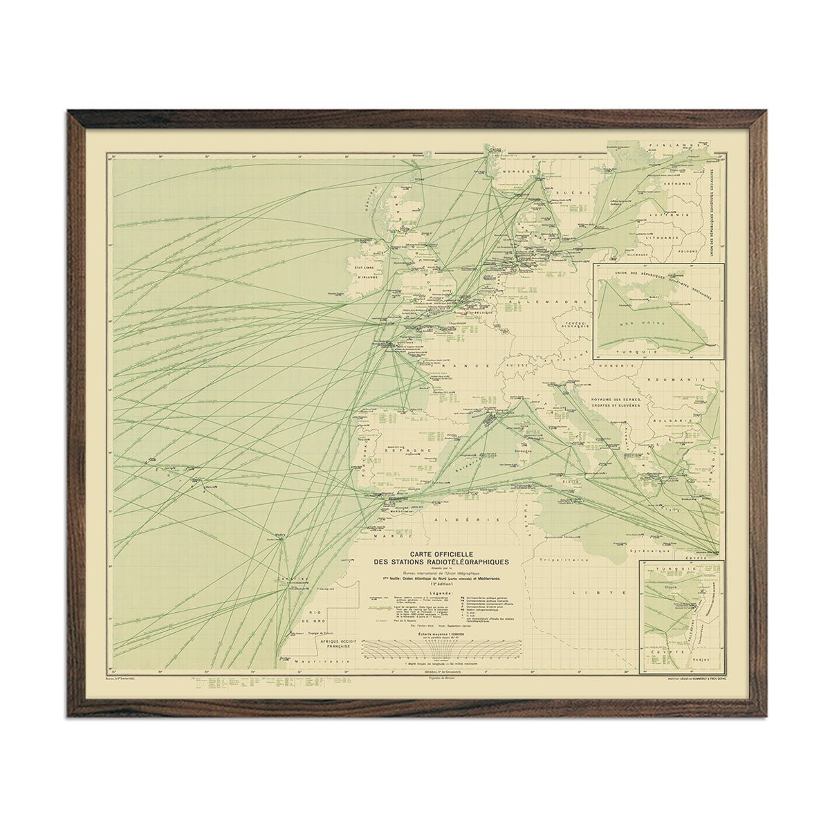 Carte Officielle des Stations Radiotelegraphiques of the Atlantic Ocean NE and Mediterranean 1925 - Muir Way - Vintage Map