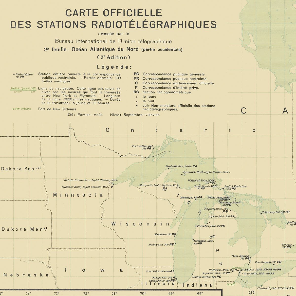 Carte Officielle des Stations Radiotelegraphiques of the Atlantic Ocean NW 1925 - Muir Way - Vintage Map