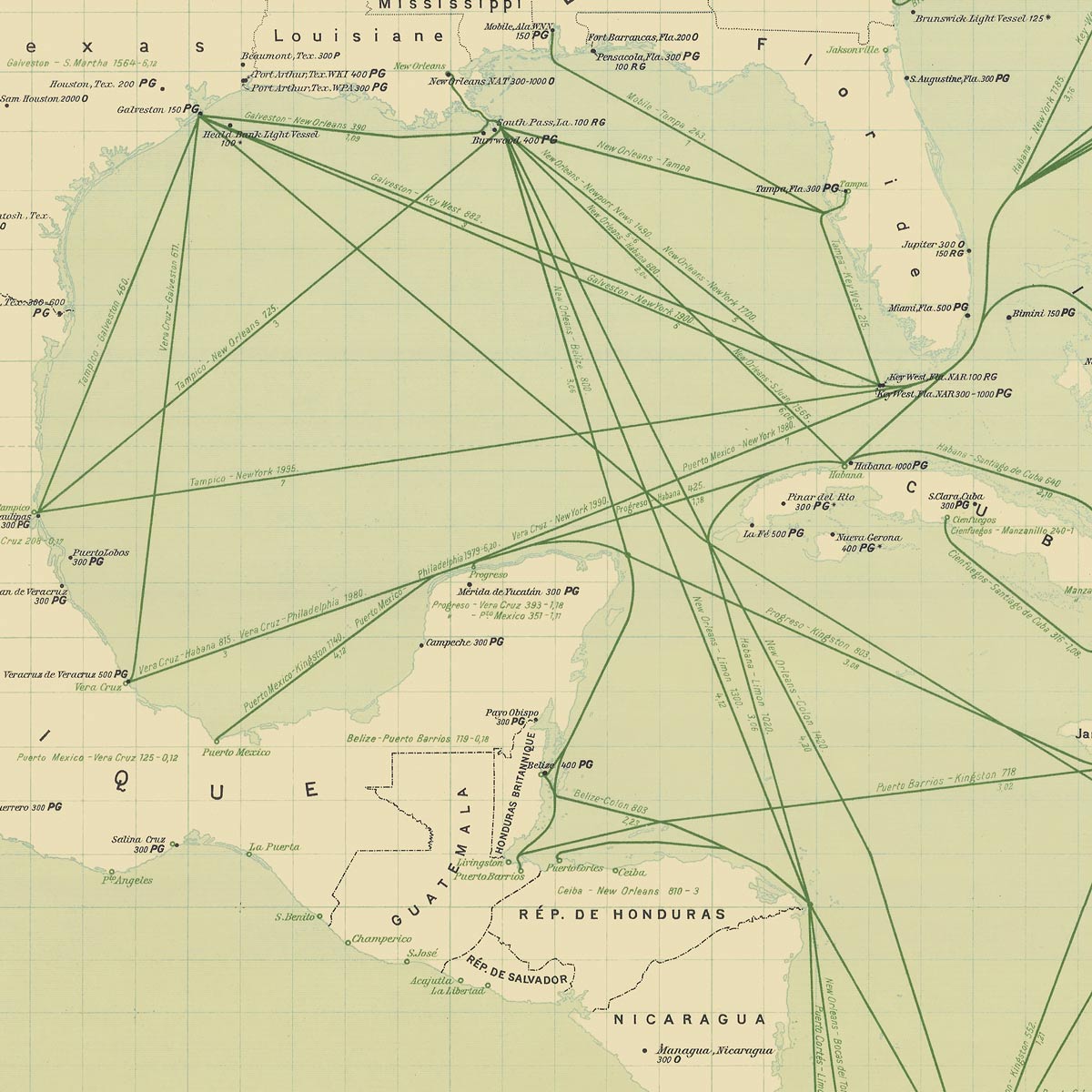 Carte Officielle des Stations Radiotelegraphiques of the Atlantic Ocean NW 1925 - Muir Way - Vintage Map