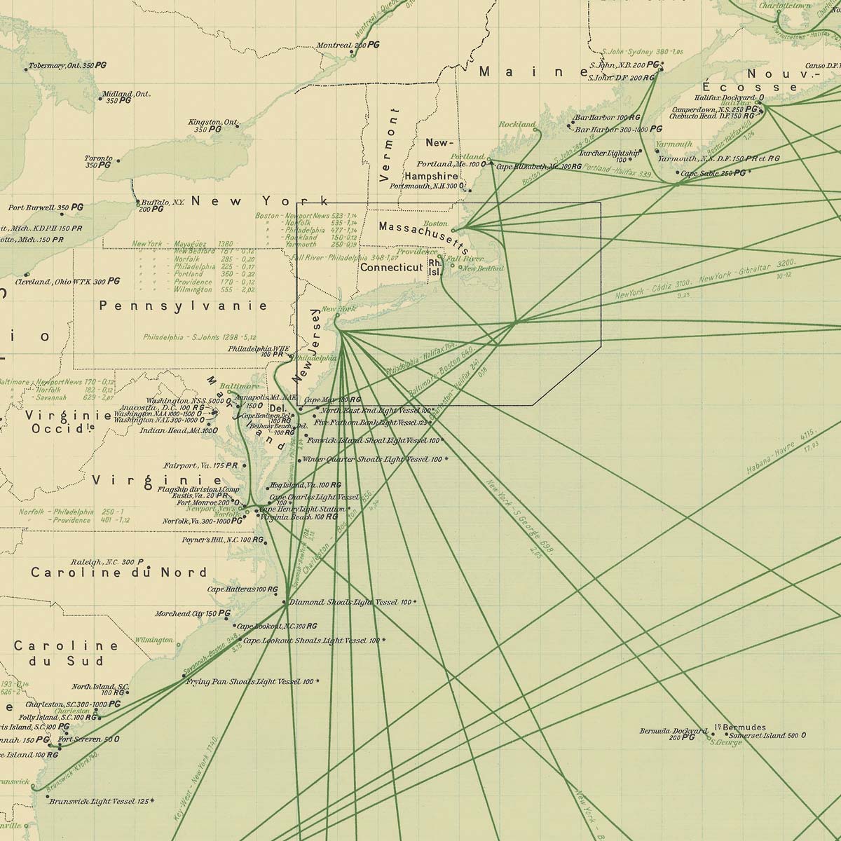 Carte Officielle des Stations Radiotelegraphiques of the Atlantic Ocean NW 1925 - Muir Way - Vintage Map