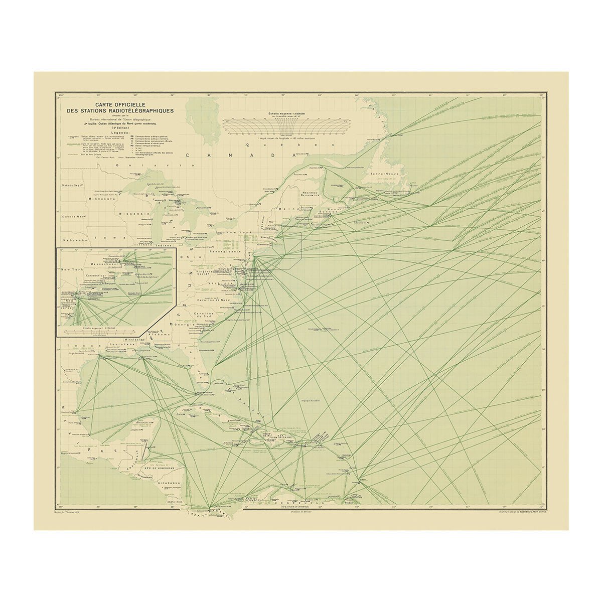 Carte Officielle des Stations Radiotelegraphiques of the Atlantic Ocean NW 1925 - Muir Way - Vintage Map