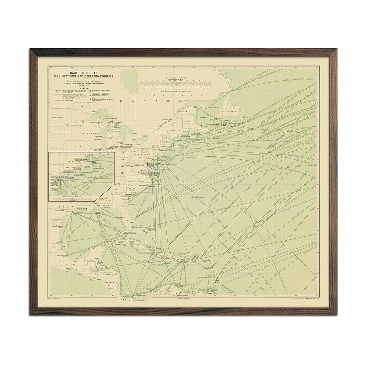 Carte Officielle des Stations Radiotelegraphiques of the Atlantic Ocean NW 1925 - Muir Way - Vintage Map