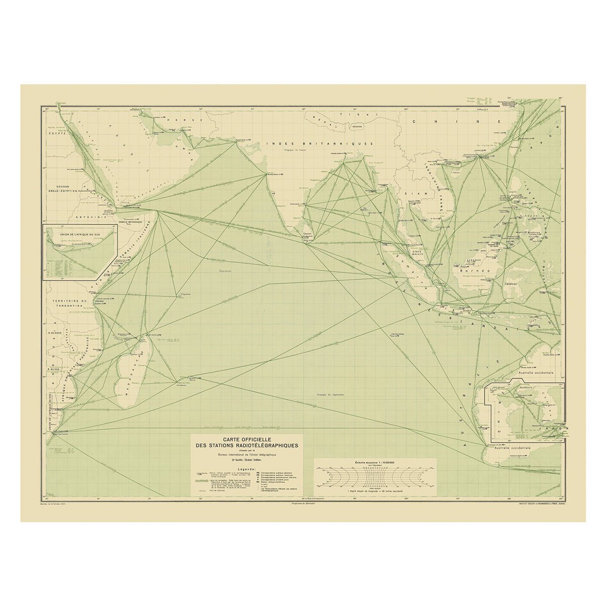 Carte Officielle des Stations Radiotelegraphiques of the Indian Ocean 1925 - Muir Way - Vintage Map