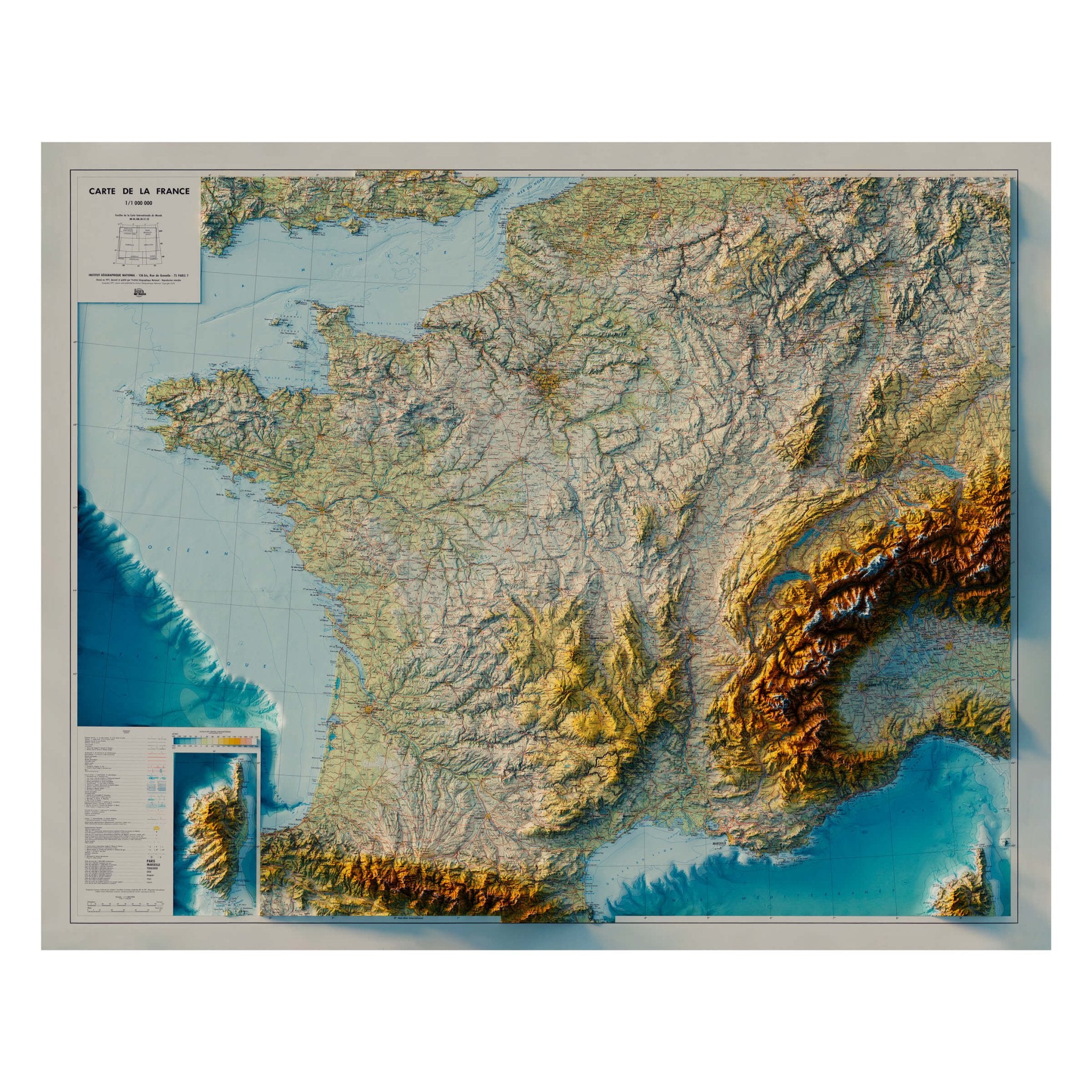 France 1971 Shaded Relief Map - Muir Way - Vintage Relief