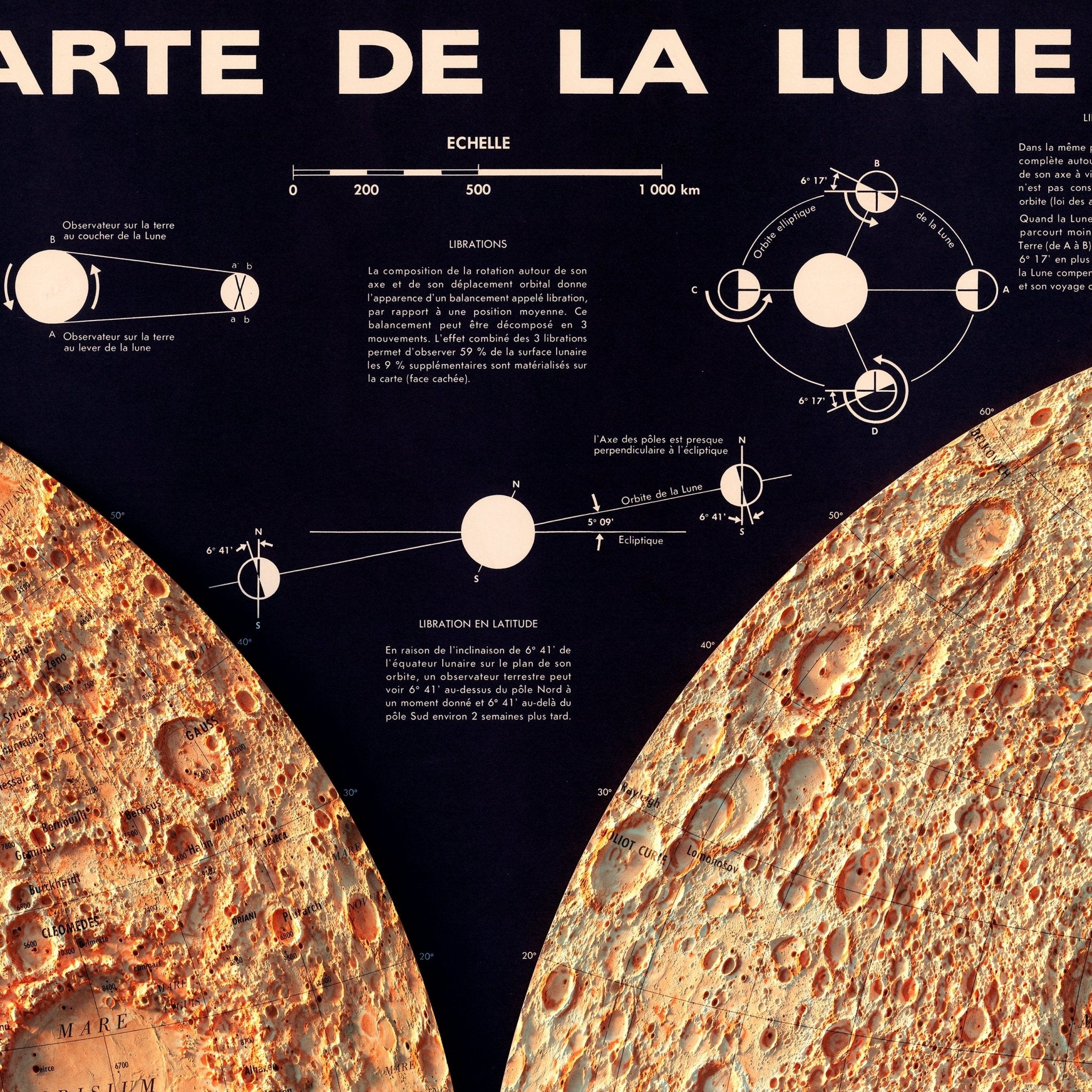 Carte de la Lune (Moon Map) 1969 Shaded Relief Map - Muir Way - Vintage Relief