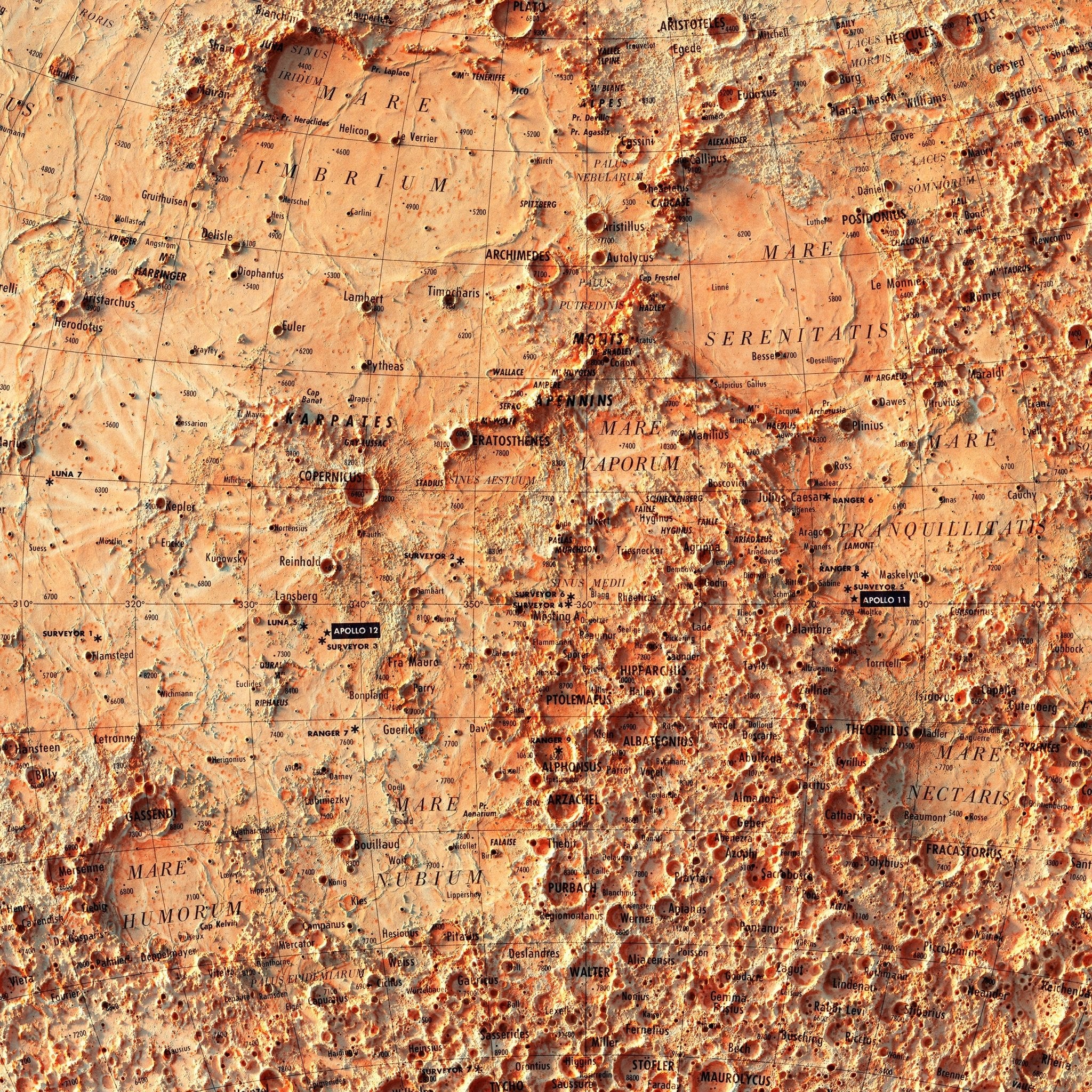 Carte de la Lune (Moon Map) 1969 Shaded Relief Map - Muir Way - Vintage Relief