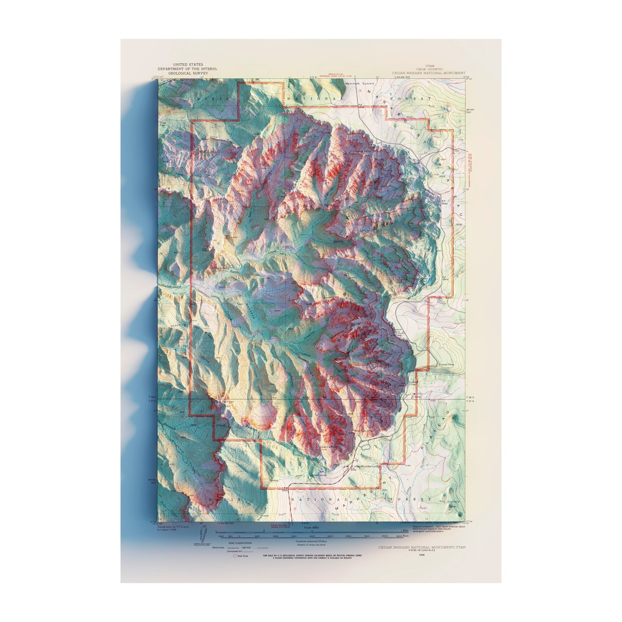 Cedar Breaks 1936 Shaded Relief Map - Muir Way - Vintage Relief