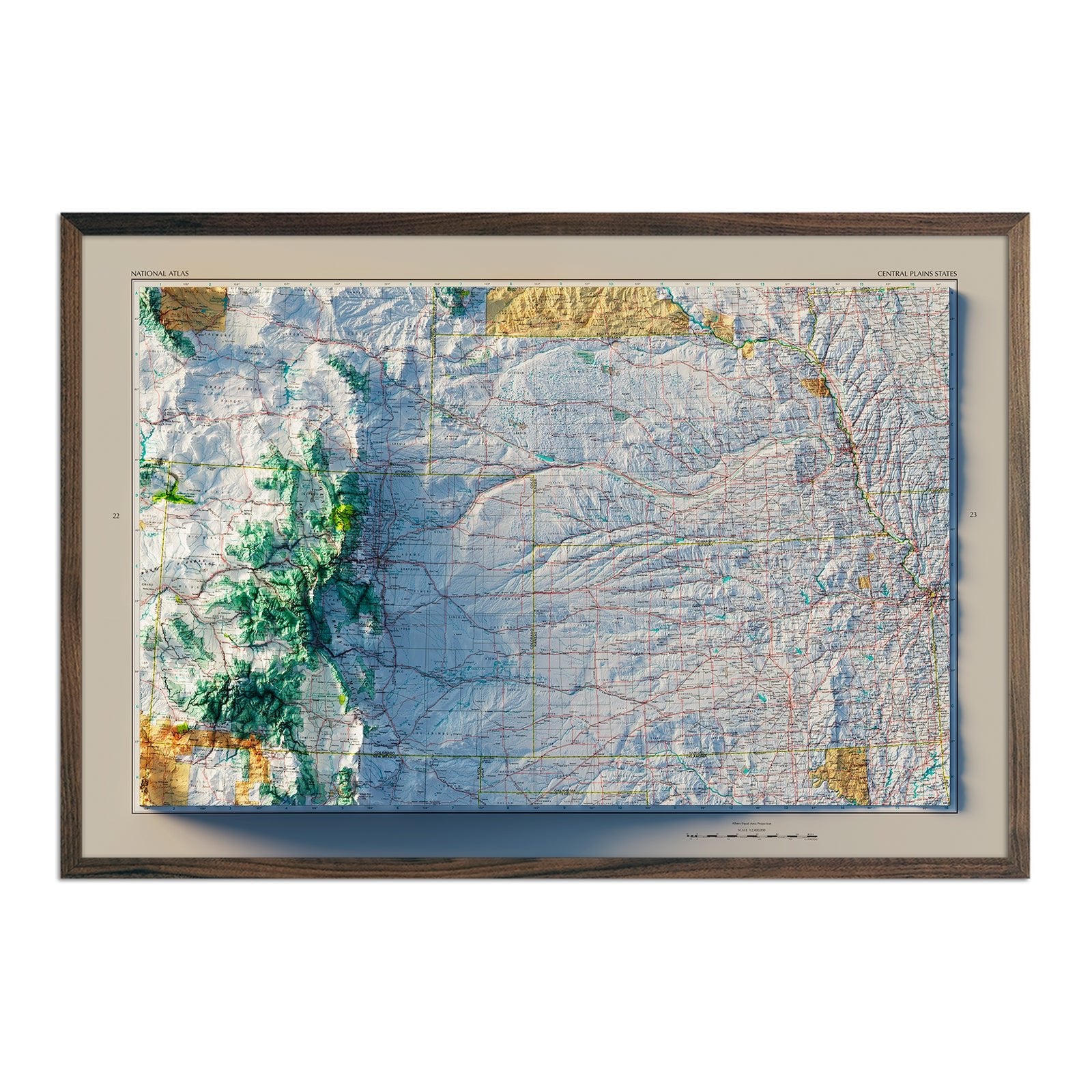 Central Plains States 1970 Shaded Relief Map - Muir Way - Vintage Relief