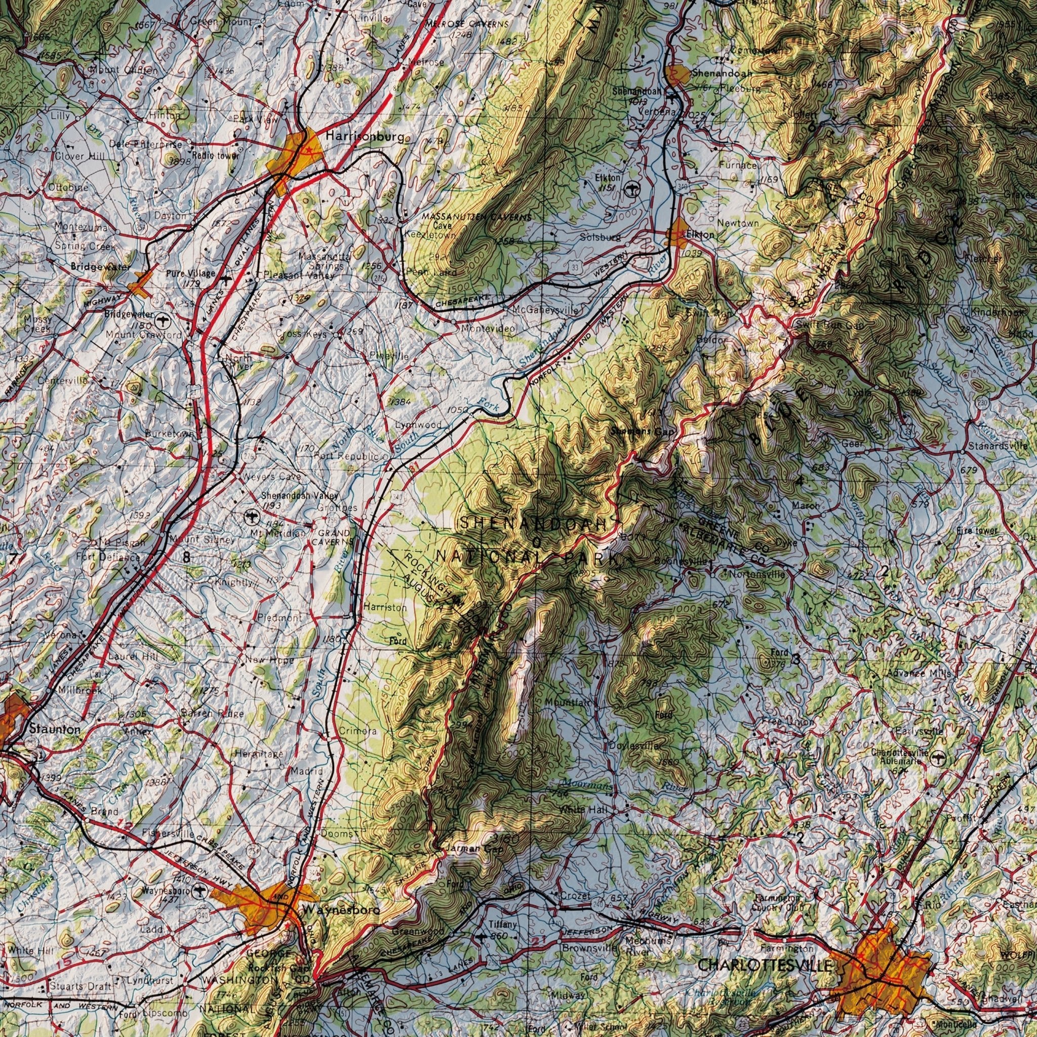 Charlottesville, VA 1965 Shaded Relief Map - Muir Way - Vintage Relief