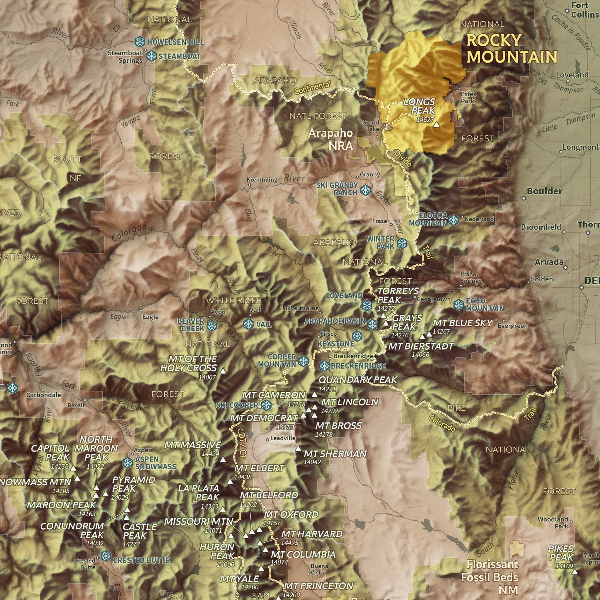 Colorado "14ers" Shaded Relief Map - Muir Way - Natural Atlas