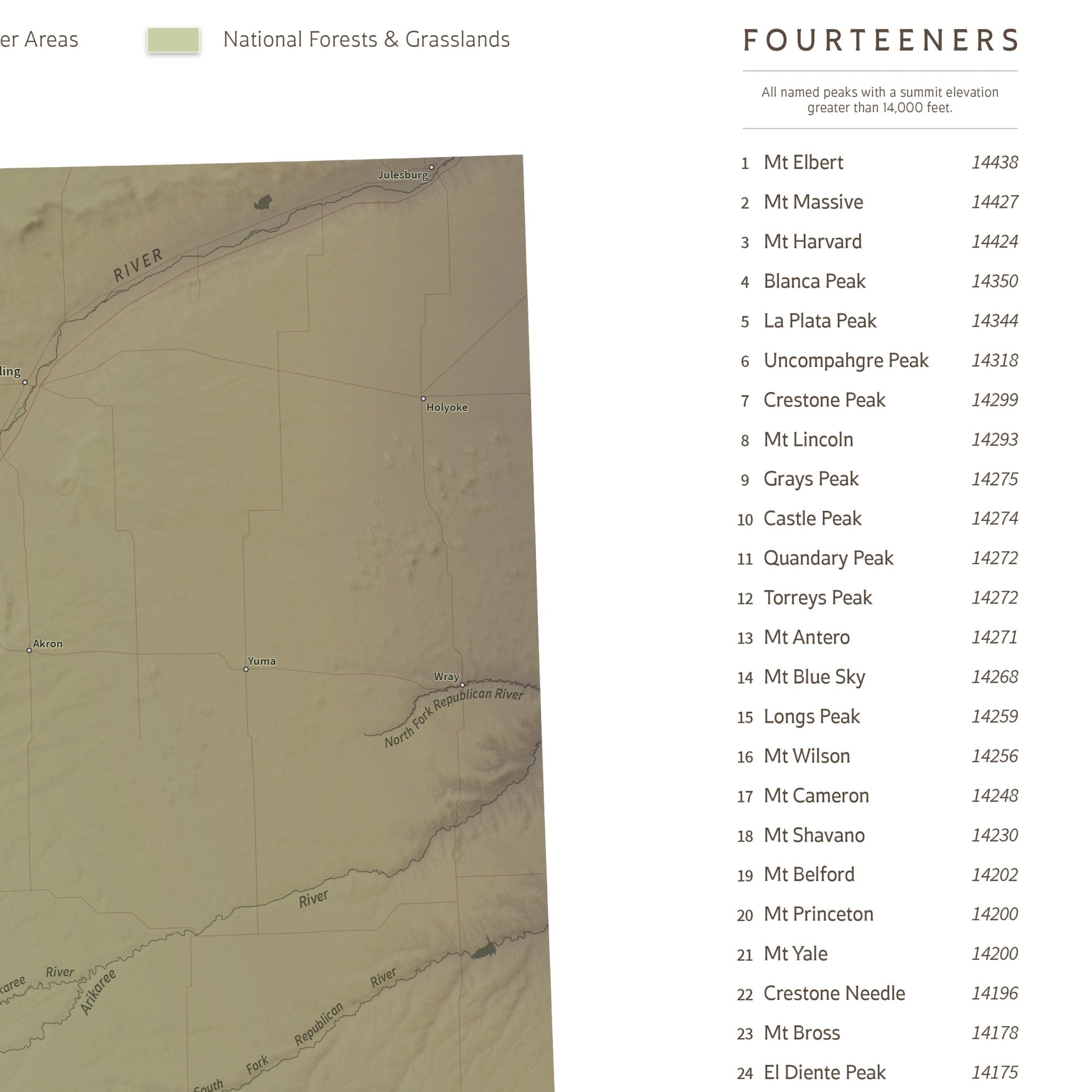 Colorado "14ers" Shaded Relief Map - Muir Way - Natural Atlas