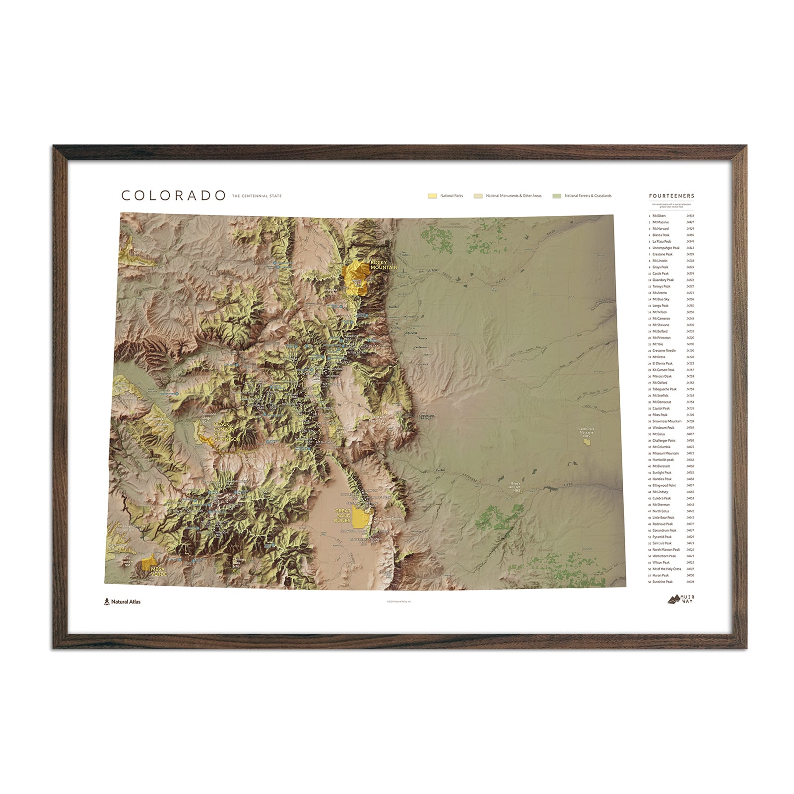 Colorado "14ers" Shaded Relief Map - Muir Way - Natural Atlas