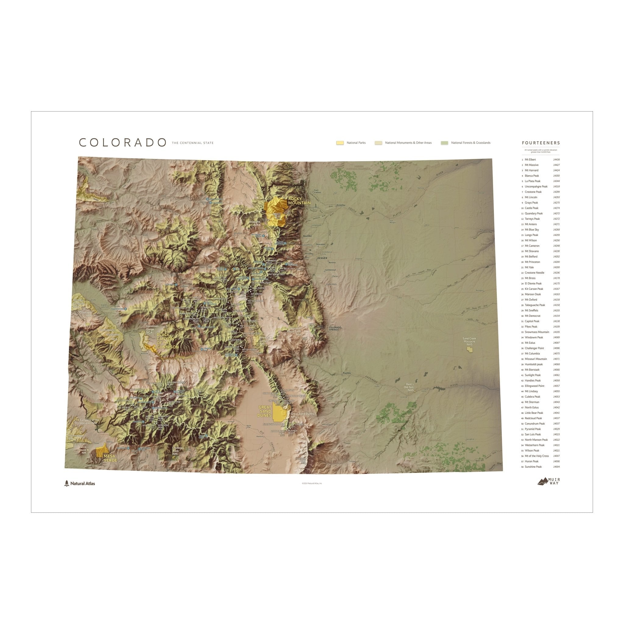 Colorado "14ers" Shaded Relief Map - Muir Way - Natural Atlas