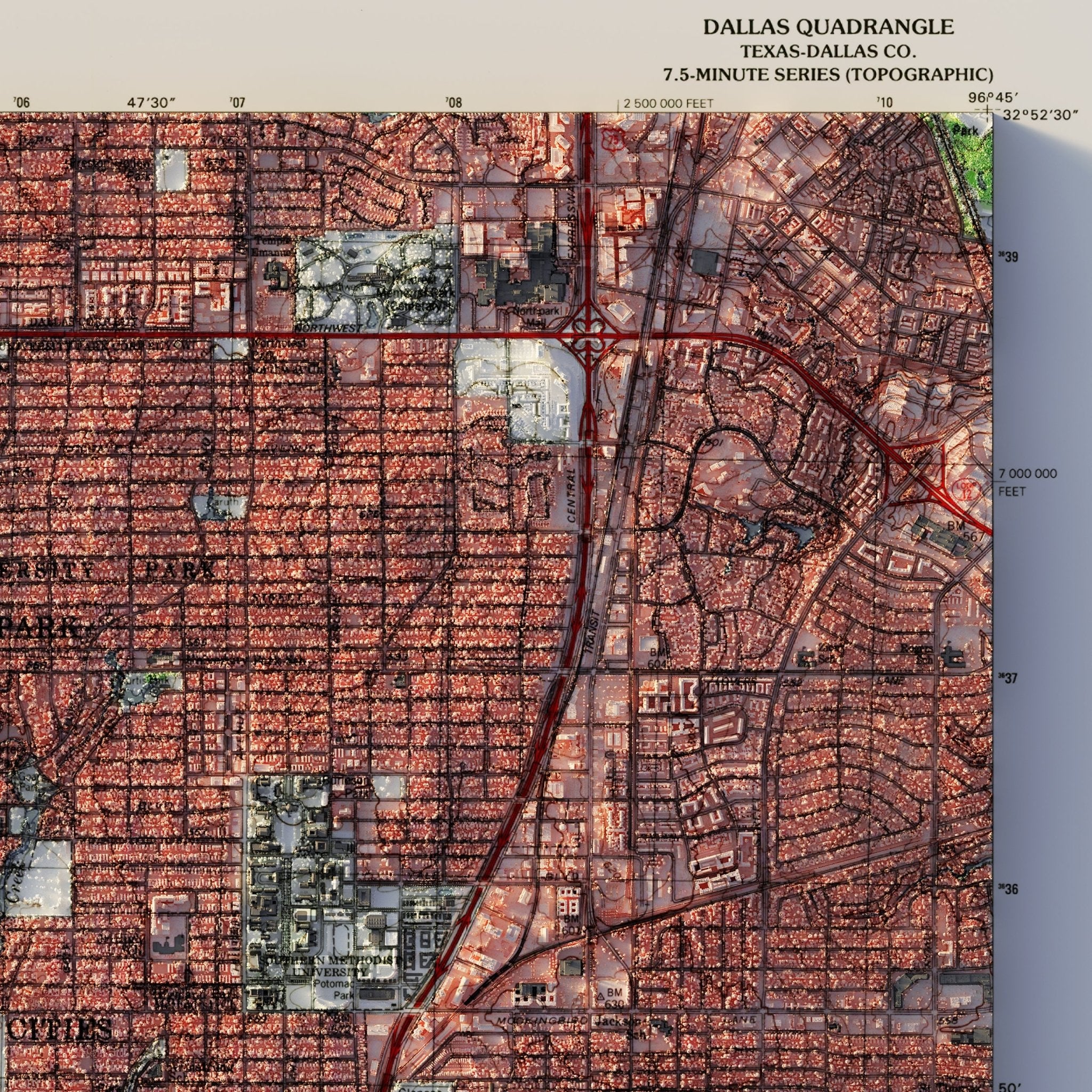 Dallas 1995 Shaded Relief Map - Muir Way - Vintage Relief