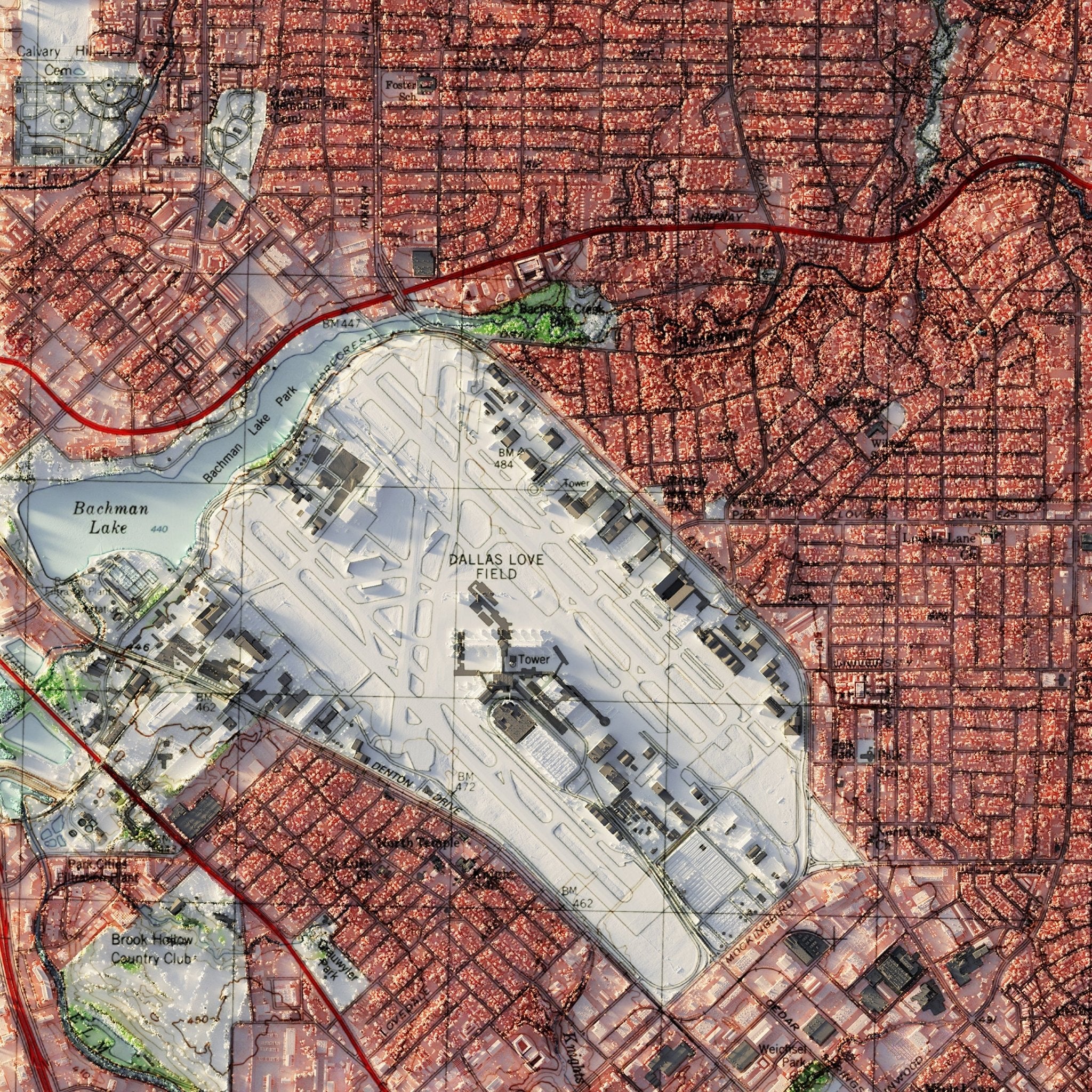 Dallas 1995 Shaded Relief Map - Muir Way - Vintage Relief