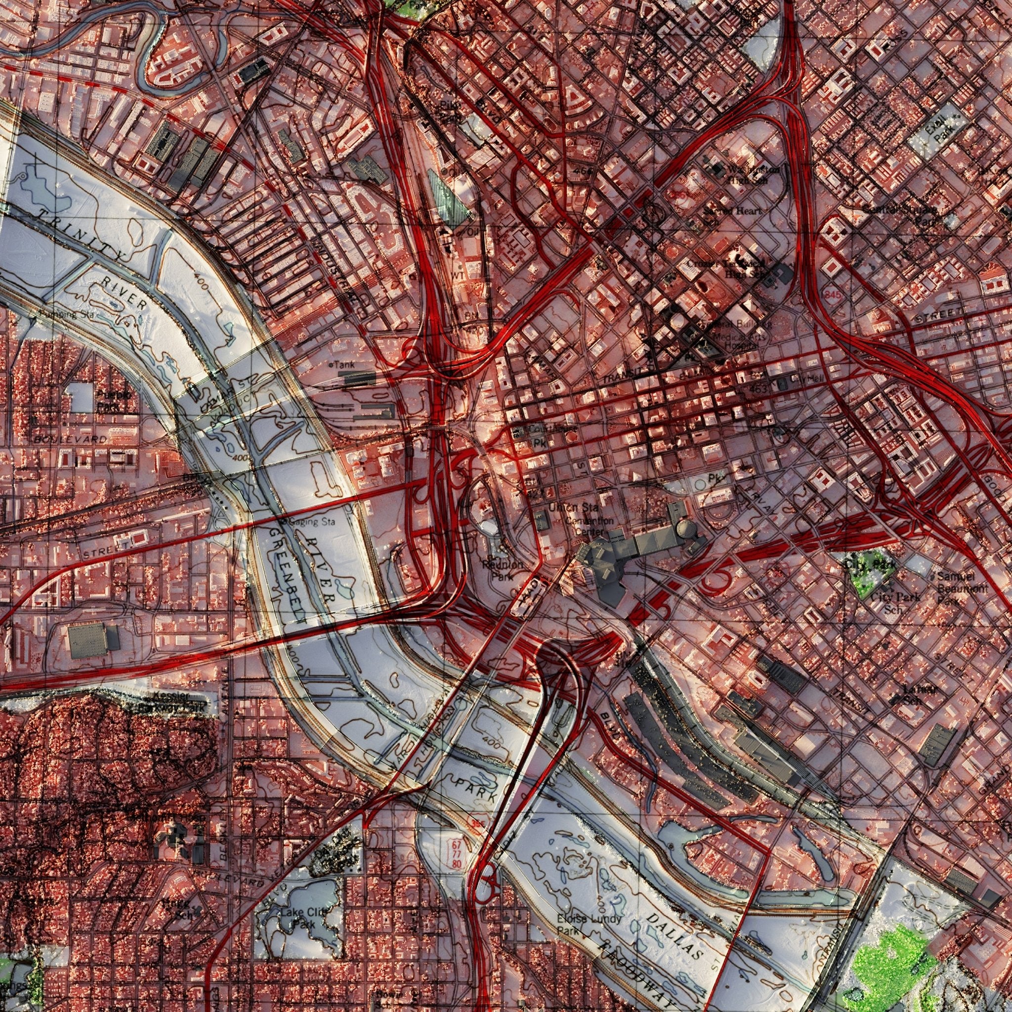 Dallas 1995 Shaded Relief Map - Muir Way - Vintage Relief