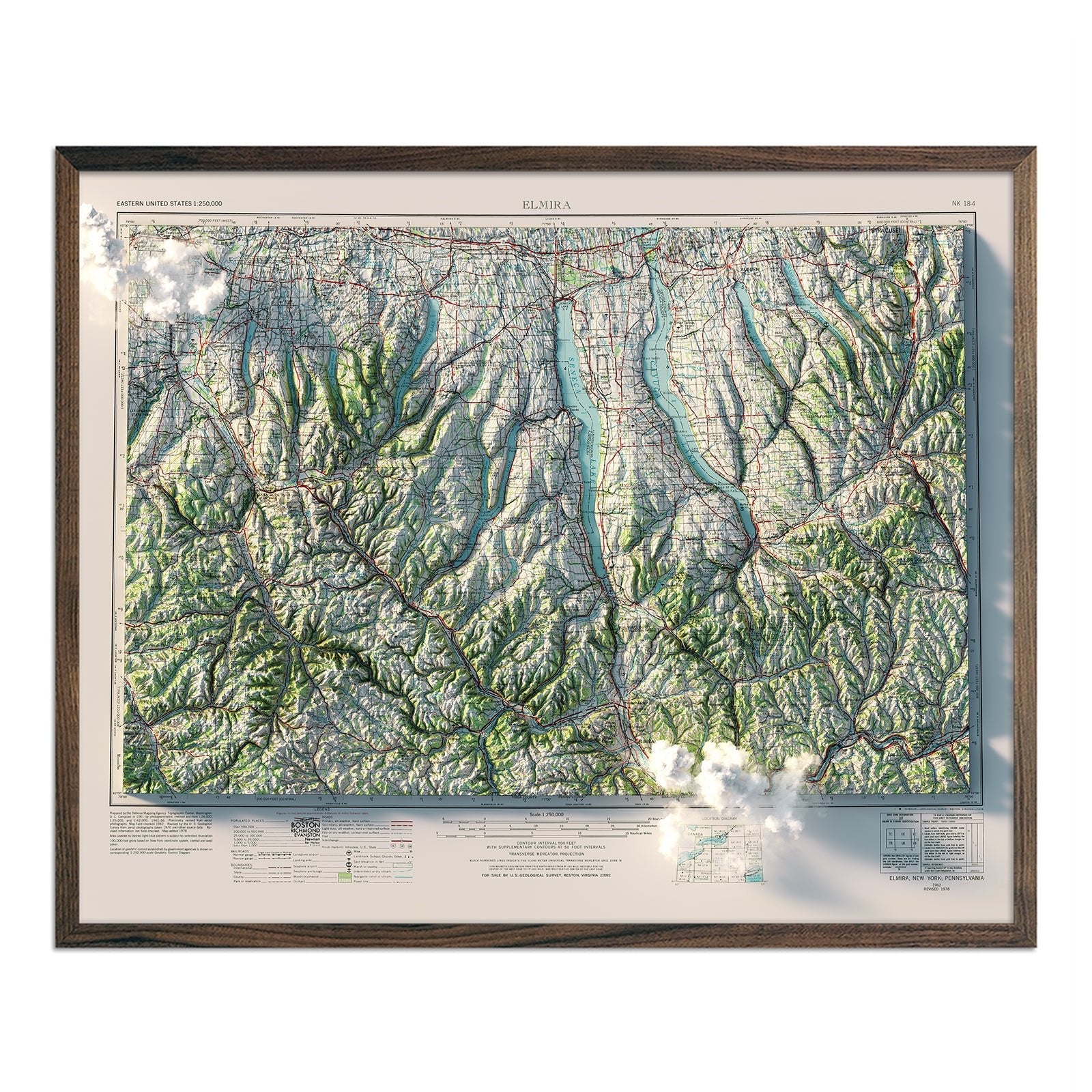 Finger Lakes, New York 1962 Shaded Relief Map - Muir Way - Vintage Relief