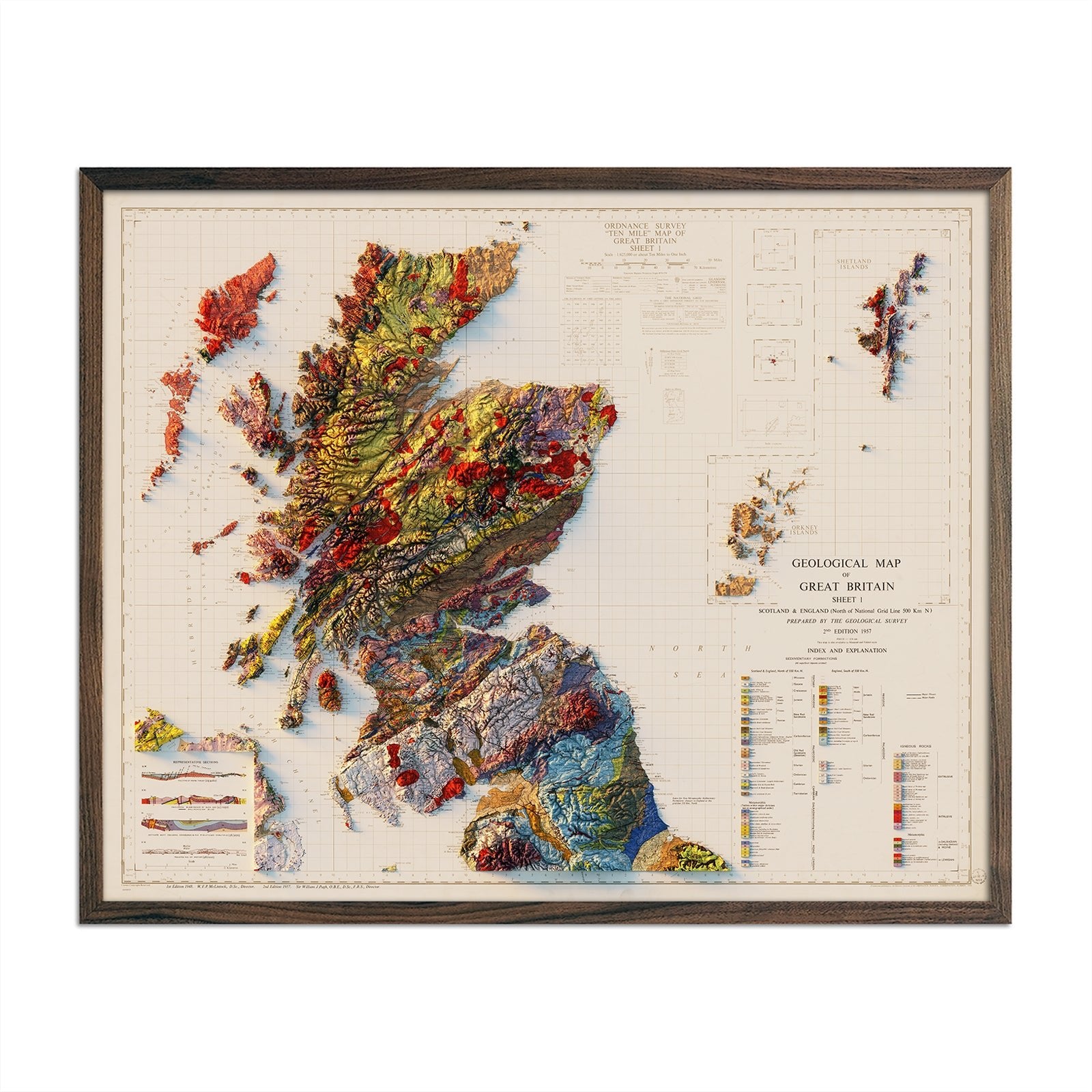 England and Scotland 1957 Shaded Relief Map - Muir Way - Vintage Relief