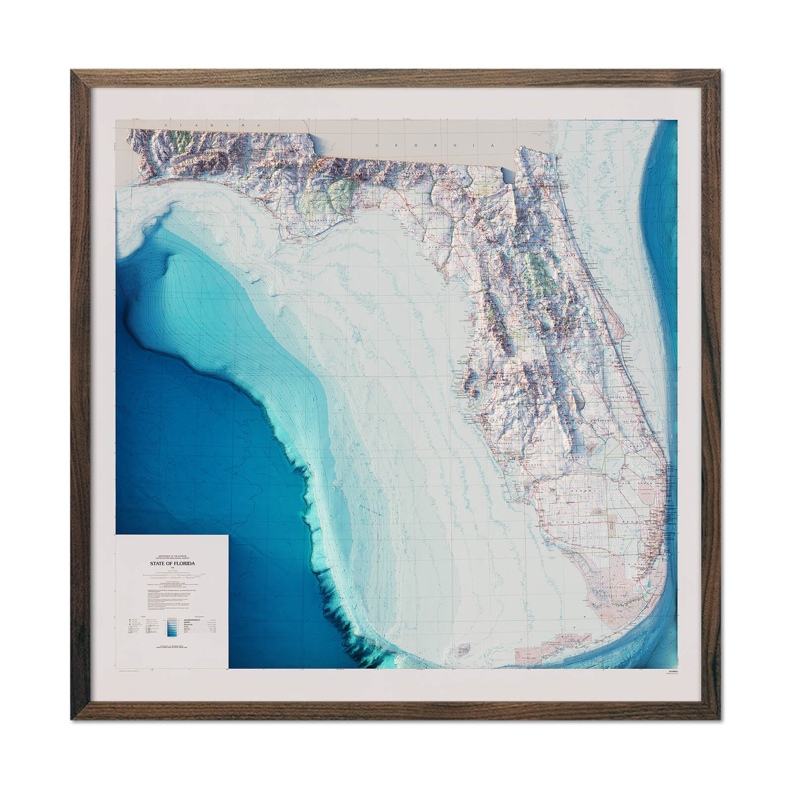Florida 1989 Shaded Relief Map - Muir Way - Vintage Relief