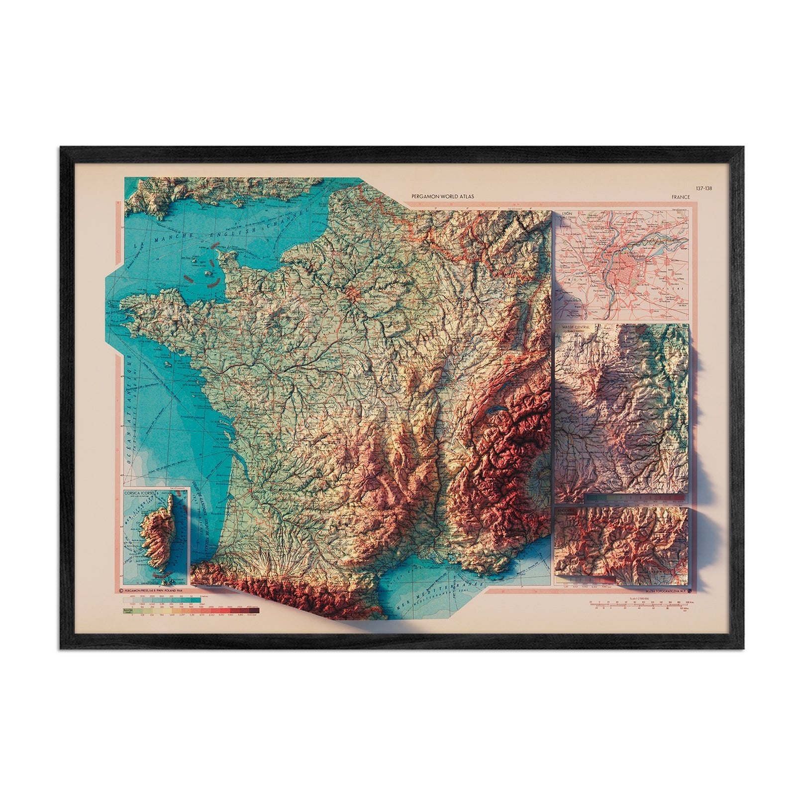 France 1964 Shaded Relief Map - Muir Way - Vintage Relief
