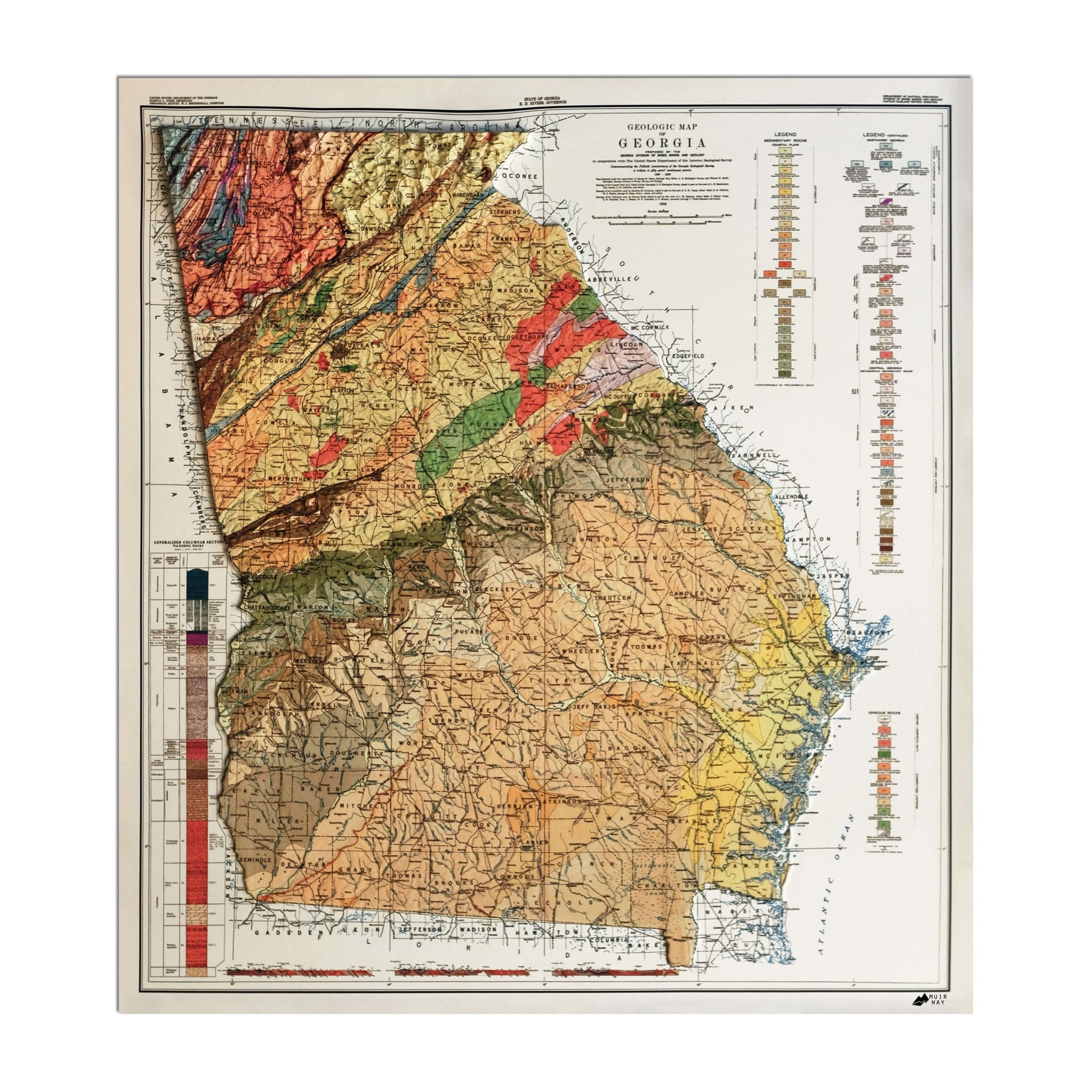Georgia 1939 3D Raised Relief Map - Muir Way - 3D