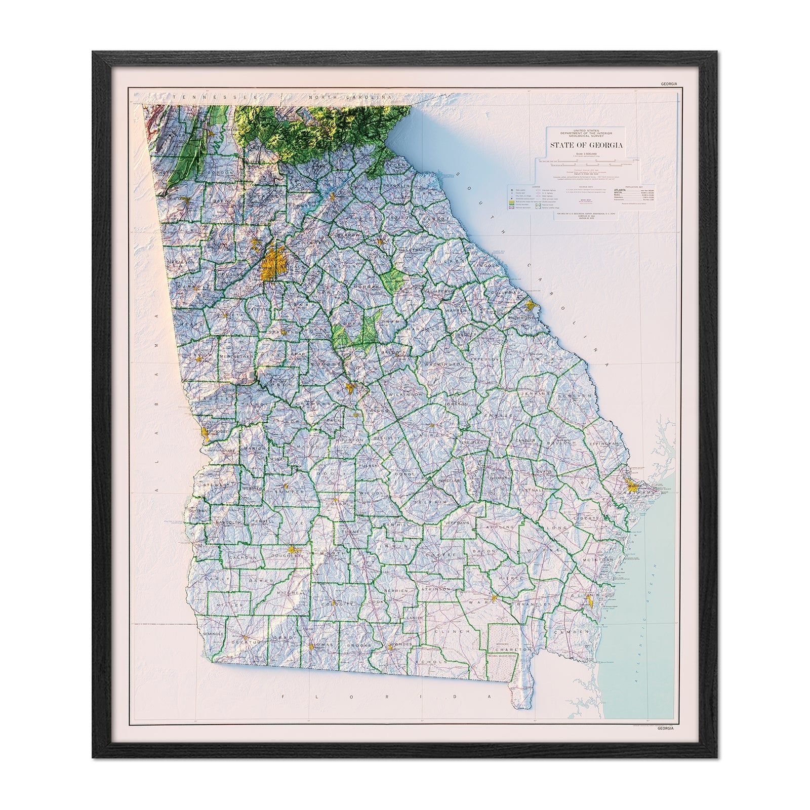 Georgia 1970 Shaded Relief Map - Muir Way - Vintage Relief