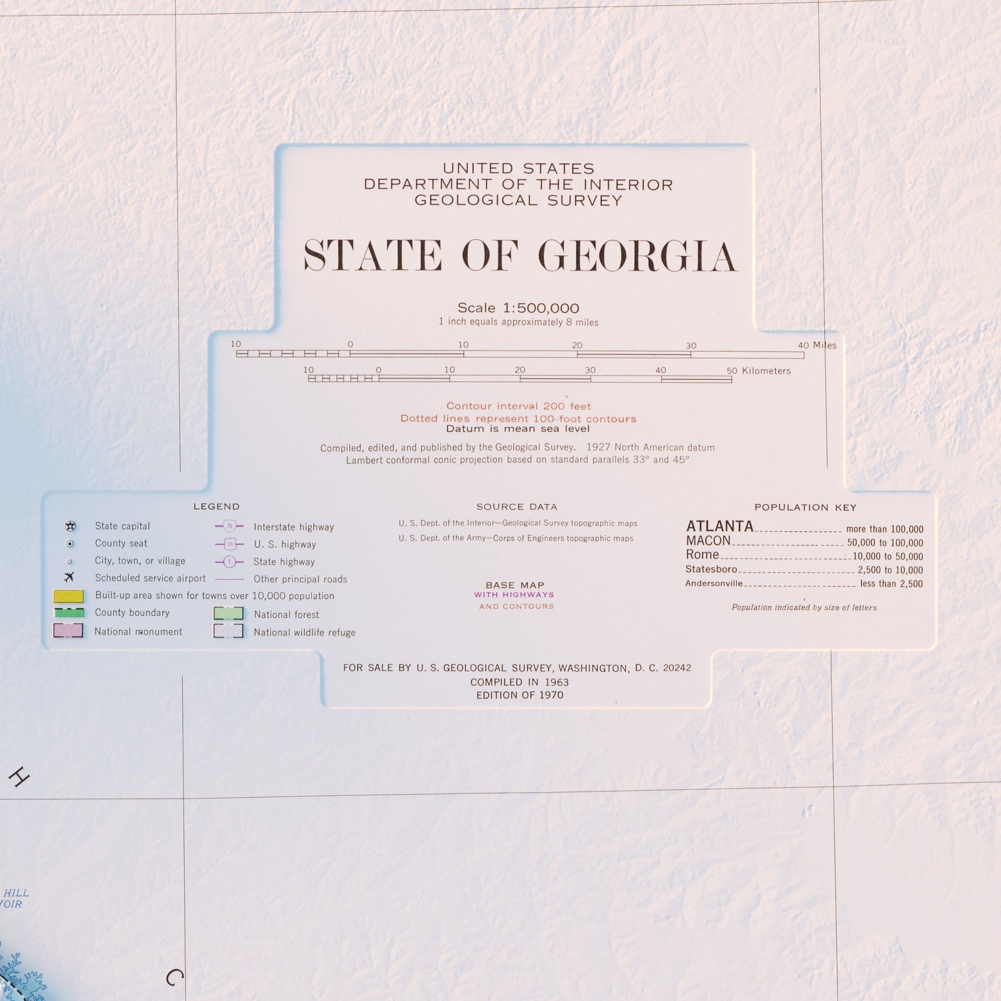 Georgia 1970 Shaded Relief Map - Muir Way - Vintage Relief