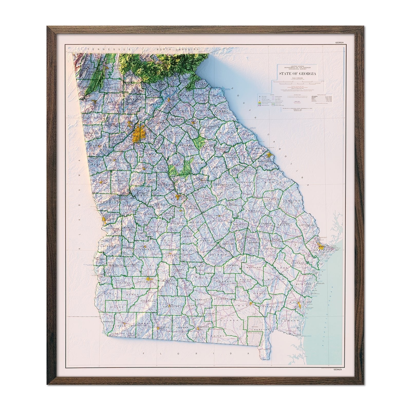 Georgia 1970 Shaded Relief Map - Muir Way - Vintage Relief
