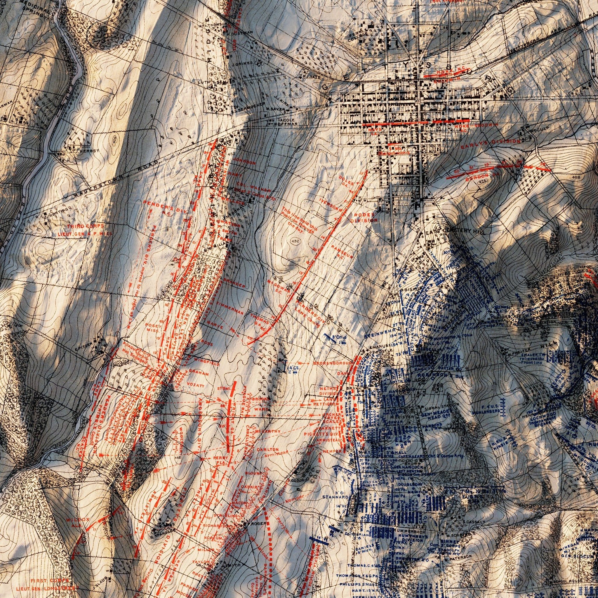 Gettysburg 3rd Day 1876 Shaded Relief Map - Muir Way - Vintage Relief