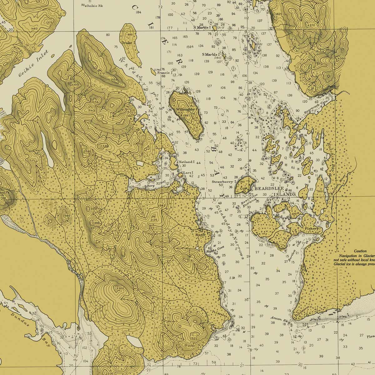 Glacier Bay, AK Nautical Chart 1942 - Muir Way - Vintage Map
