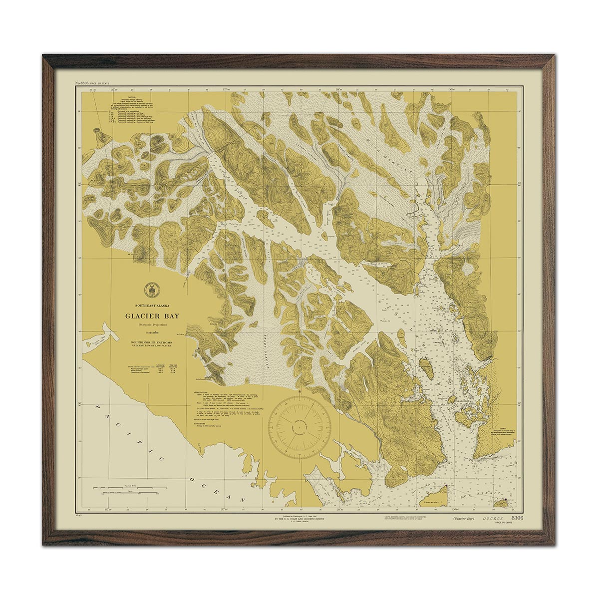 Glacier Bay, AK Nautical Chart 1942 - Muir Way - Vintage Map
