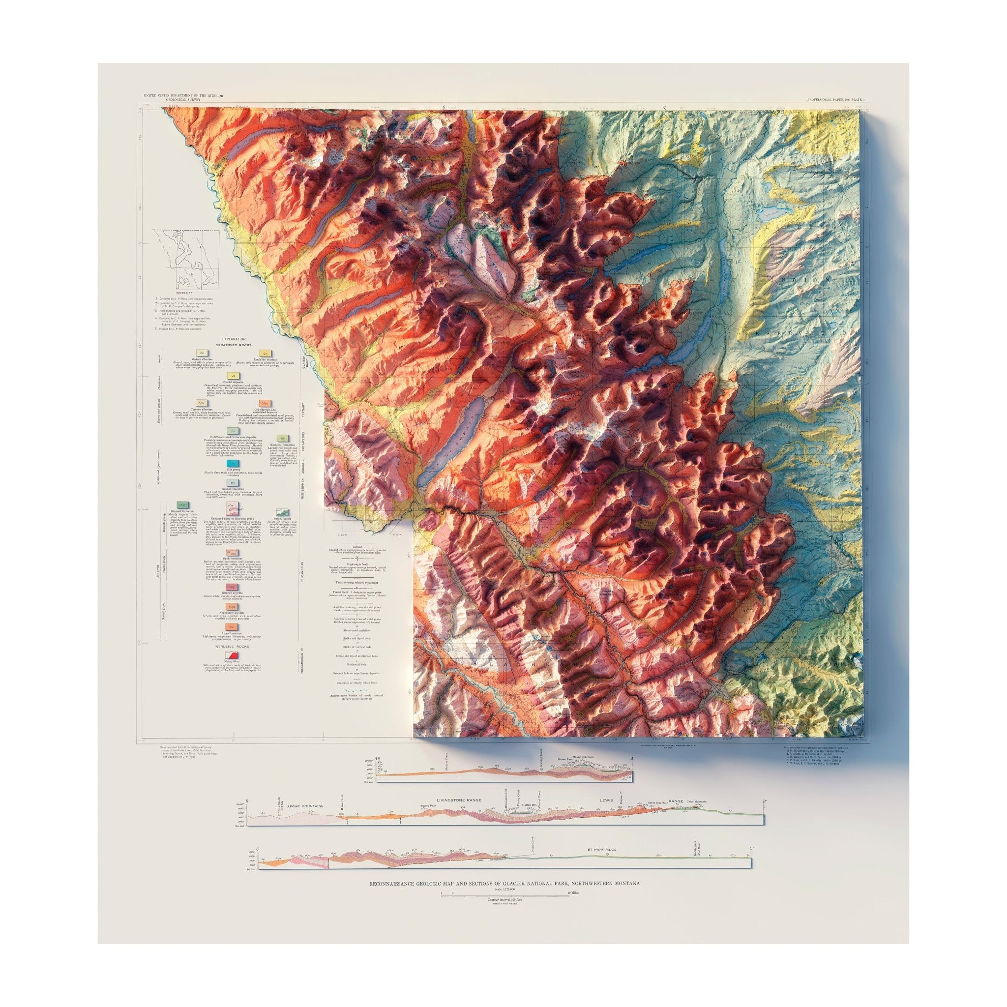 Glacier National Park 1959 Shaded Relief Map - Muir Way - Vintage Relief