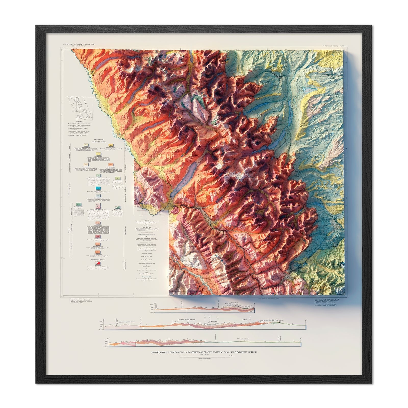 Glacier National Park 1959 Shaded Relief Map - Muir Way - Vintage Relief