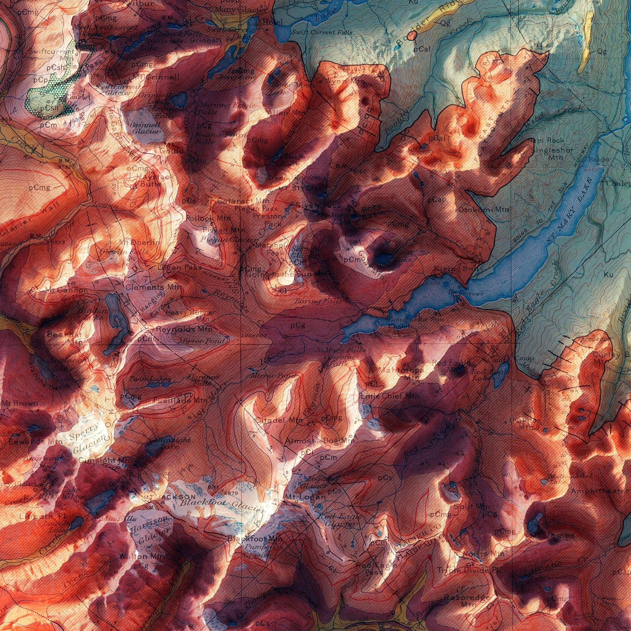 Glacier National Park 1959 Shaded Relief Map - Muir Way - Vintage Relief