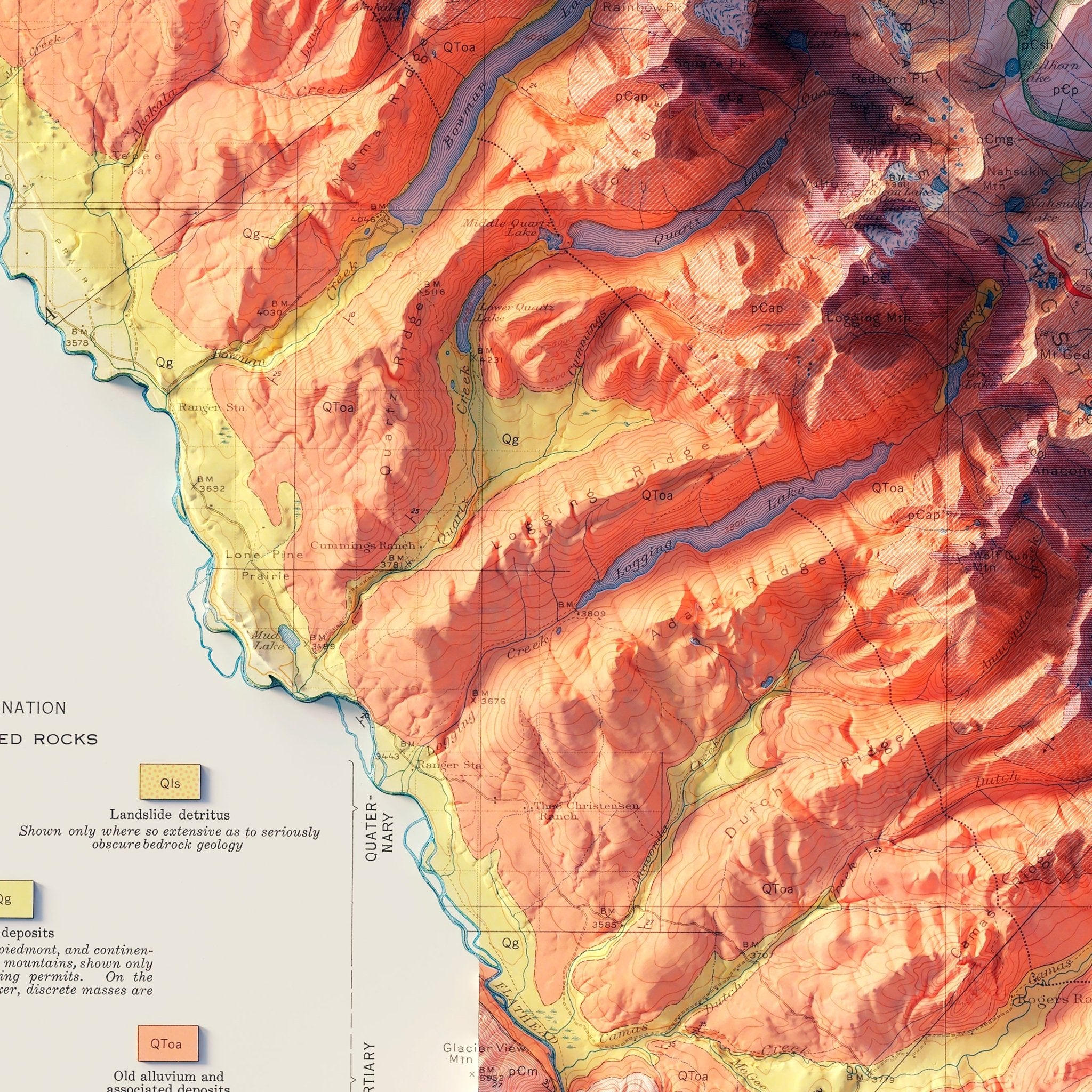 Glacier National Park 1959 Shaded Relief Map - Muir Way - Vintage Relief