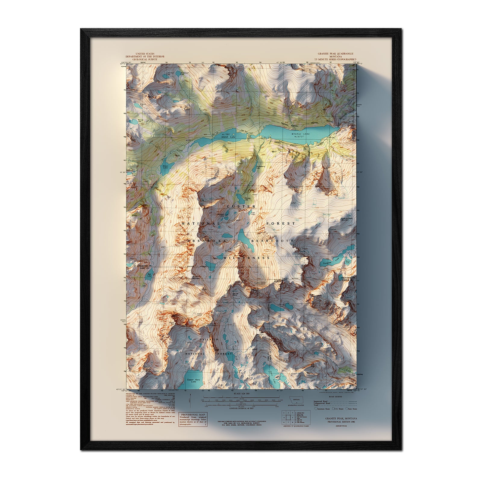 Granite Peak, Montana 1986 Shaded Relief Map - Muir Way - Vintage Relief