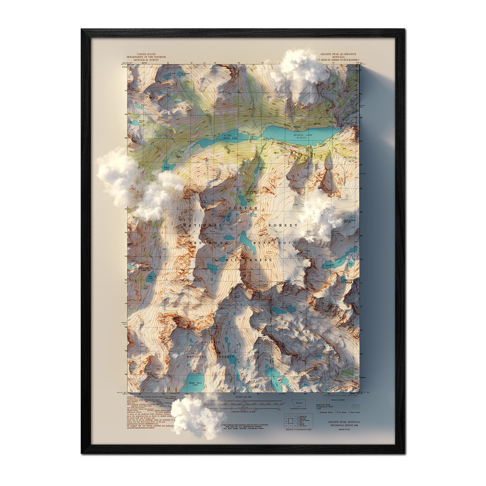 Granite Peak, Montana 1986 Shaded Relief Map - Muir Way - Vintage Relief
