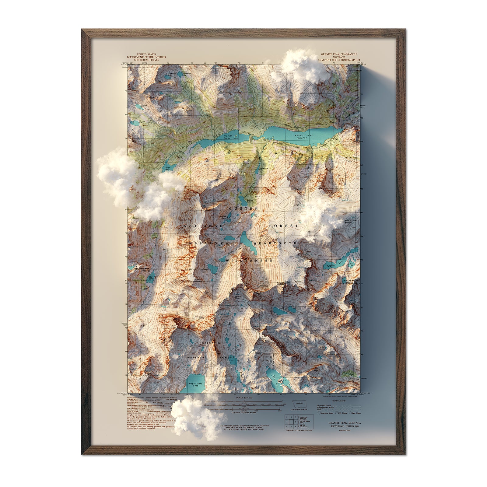 Granite Peak, Montana 1986 Shaded Relief Map - Muir Way - Vintage Relief