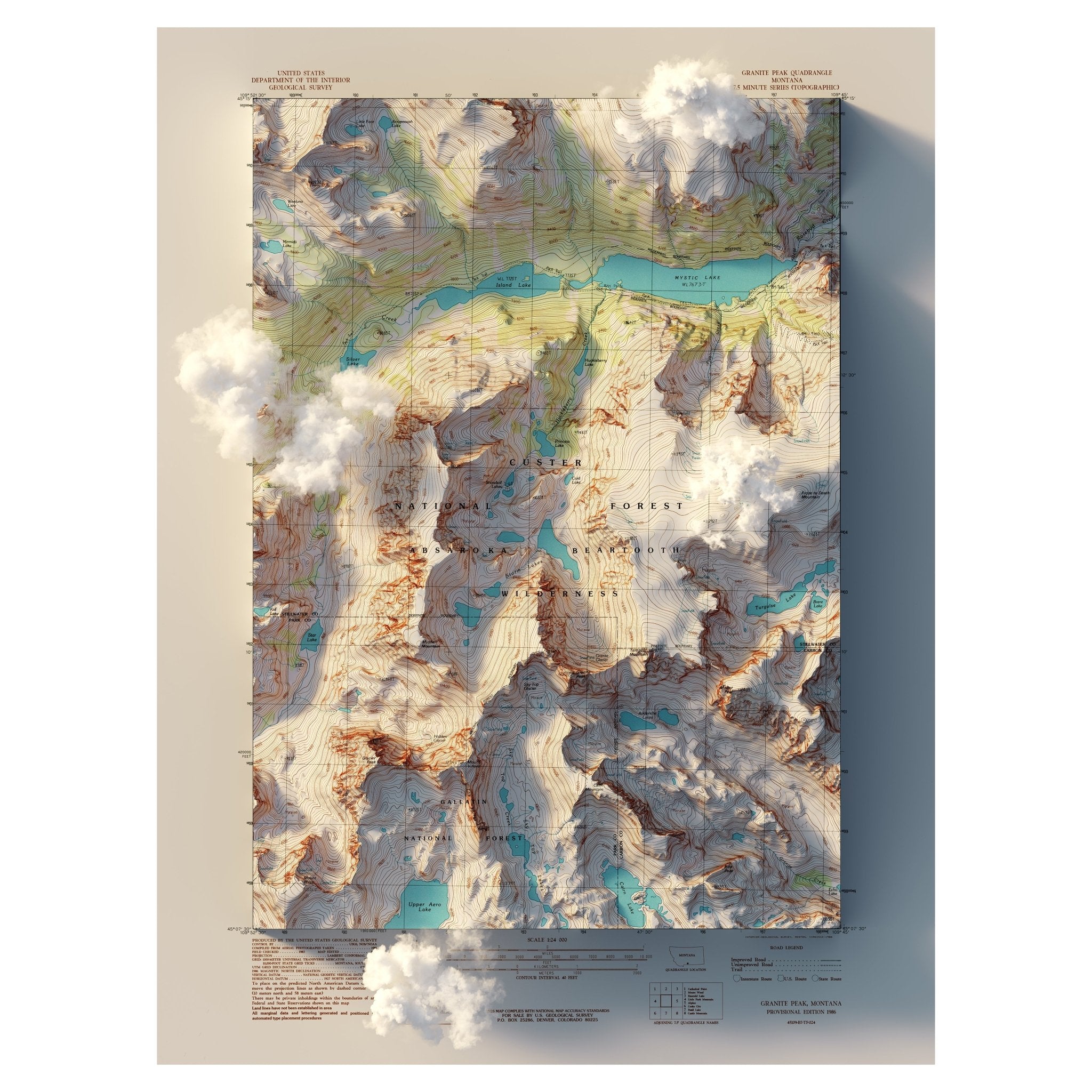 Granite Peak, Montana 1986 Shaded Relief Map - Muir Way - Vintage Relief