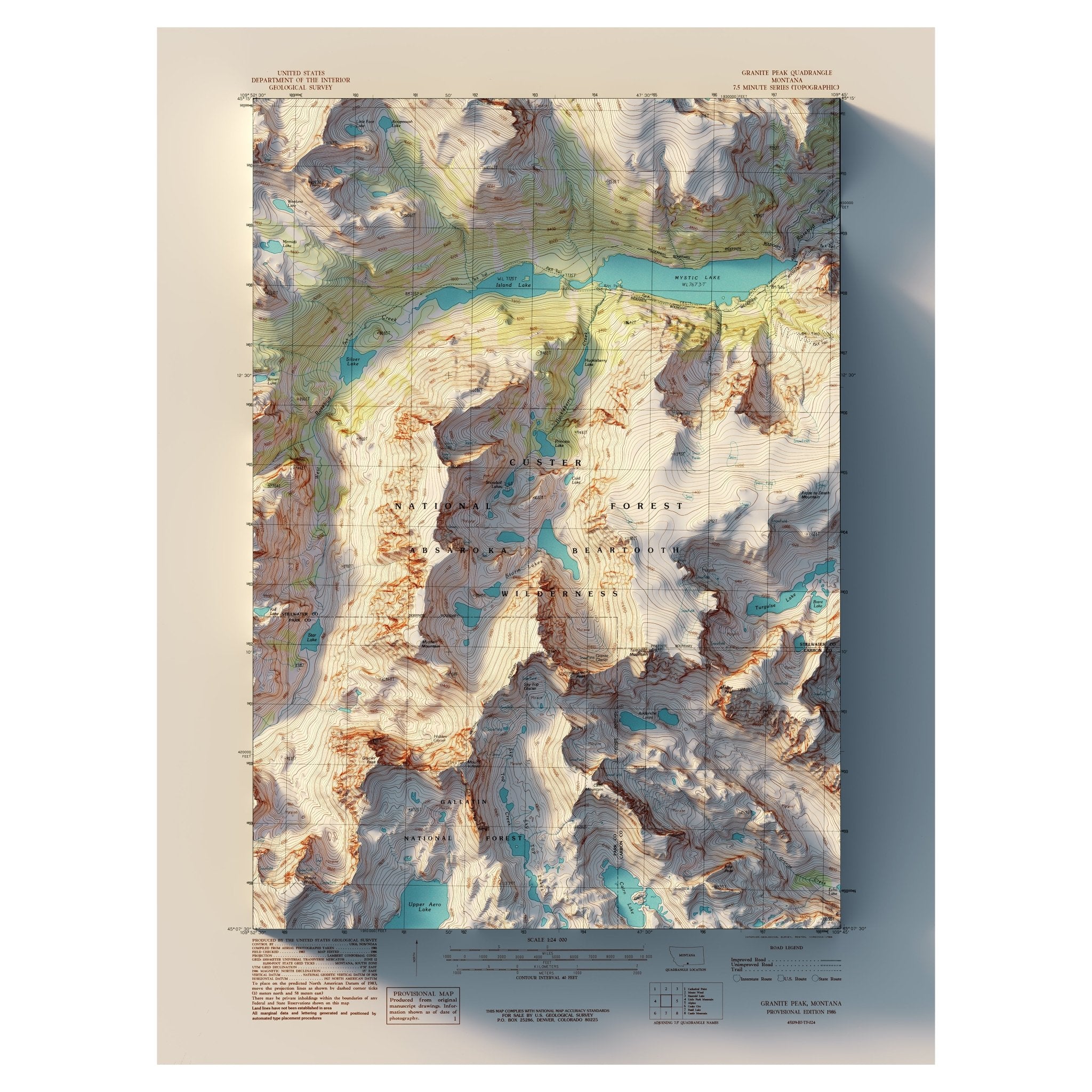 Granite Peak, Montana 1986 Shaded Relief Map - Muir Way - Vintage Relief