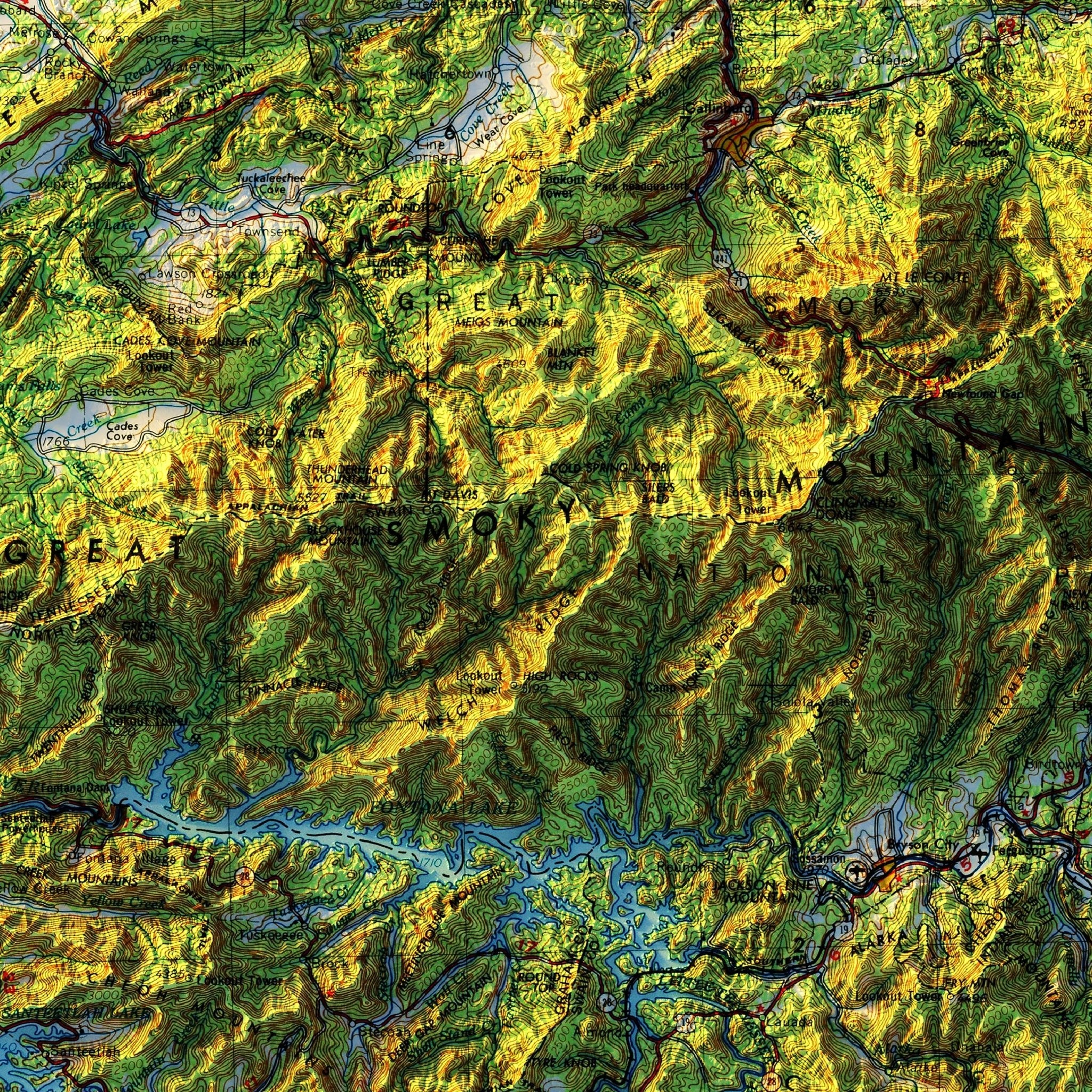 Great Smoky Mountains 1957 Shaded Relief Map - Muir Way - Vintage Relief