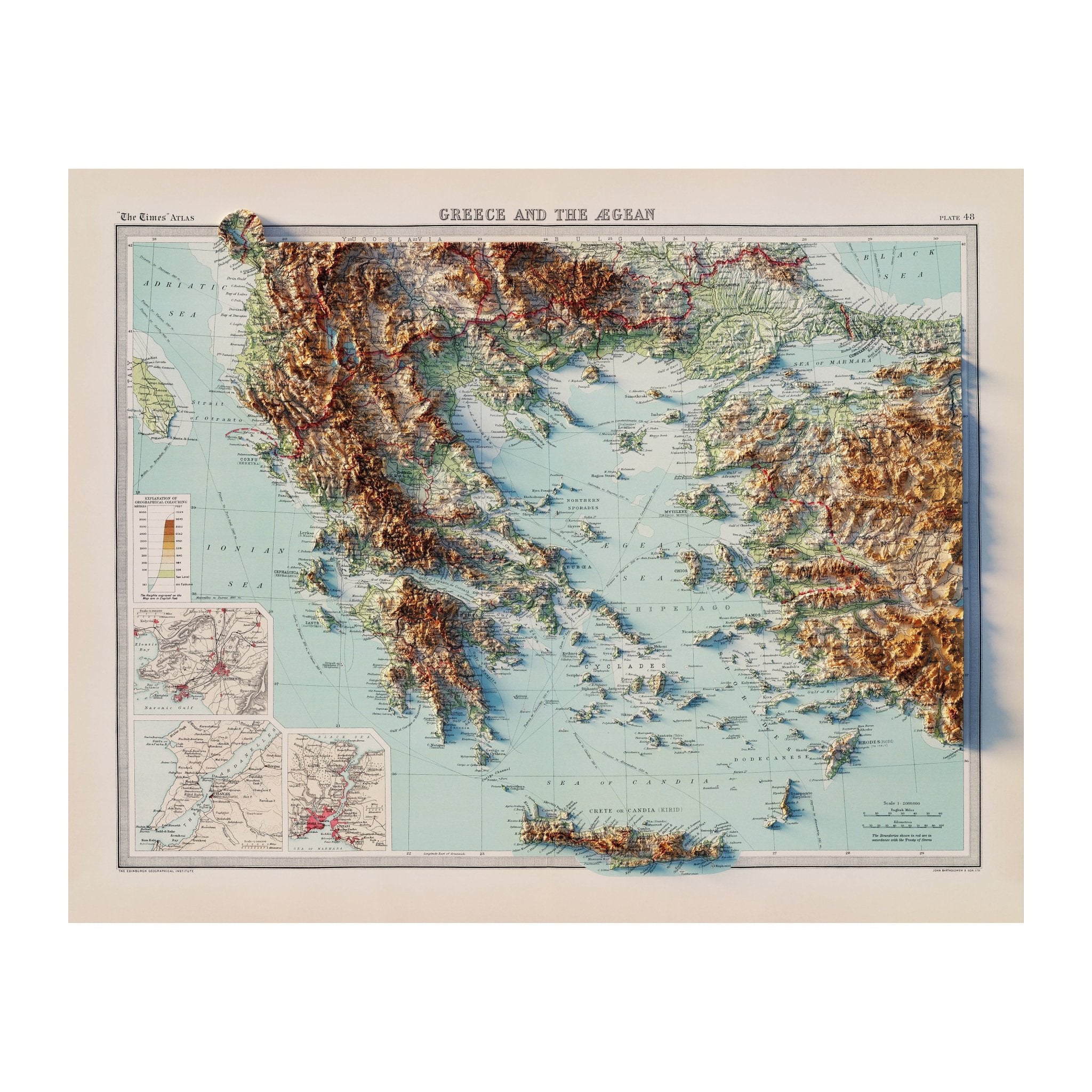 Greece and the Aegean Sea 1922 Shaded Relief Map - Muir Way - Vintage Relief