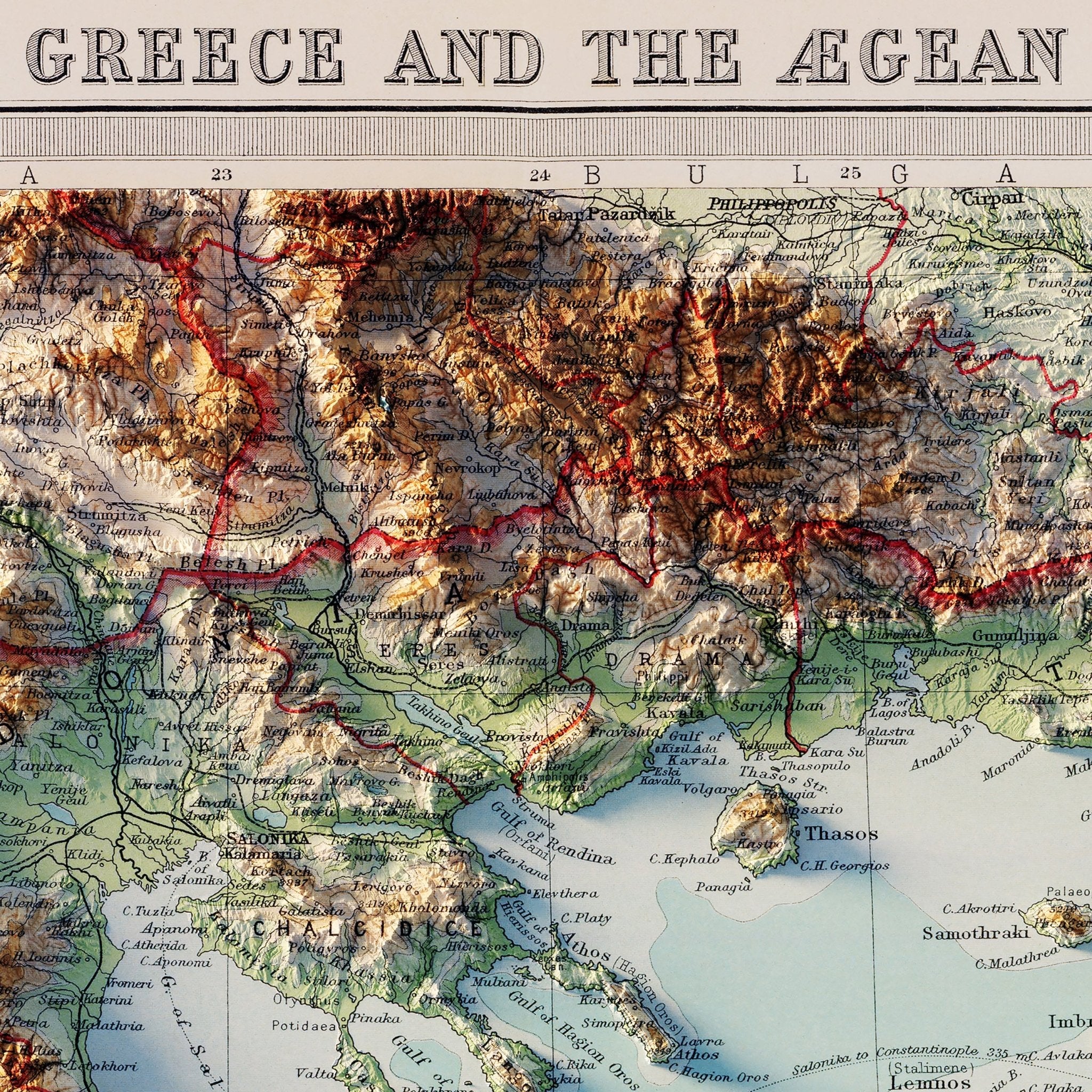 Greece and the Aegean Sea 1922 Shaded Relief Map - Muir Way - Vintage Relief