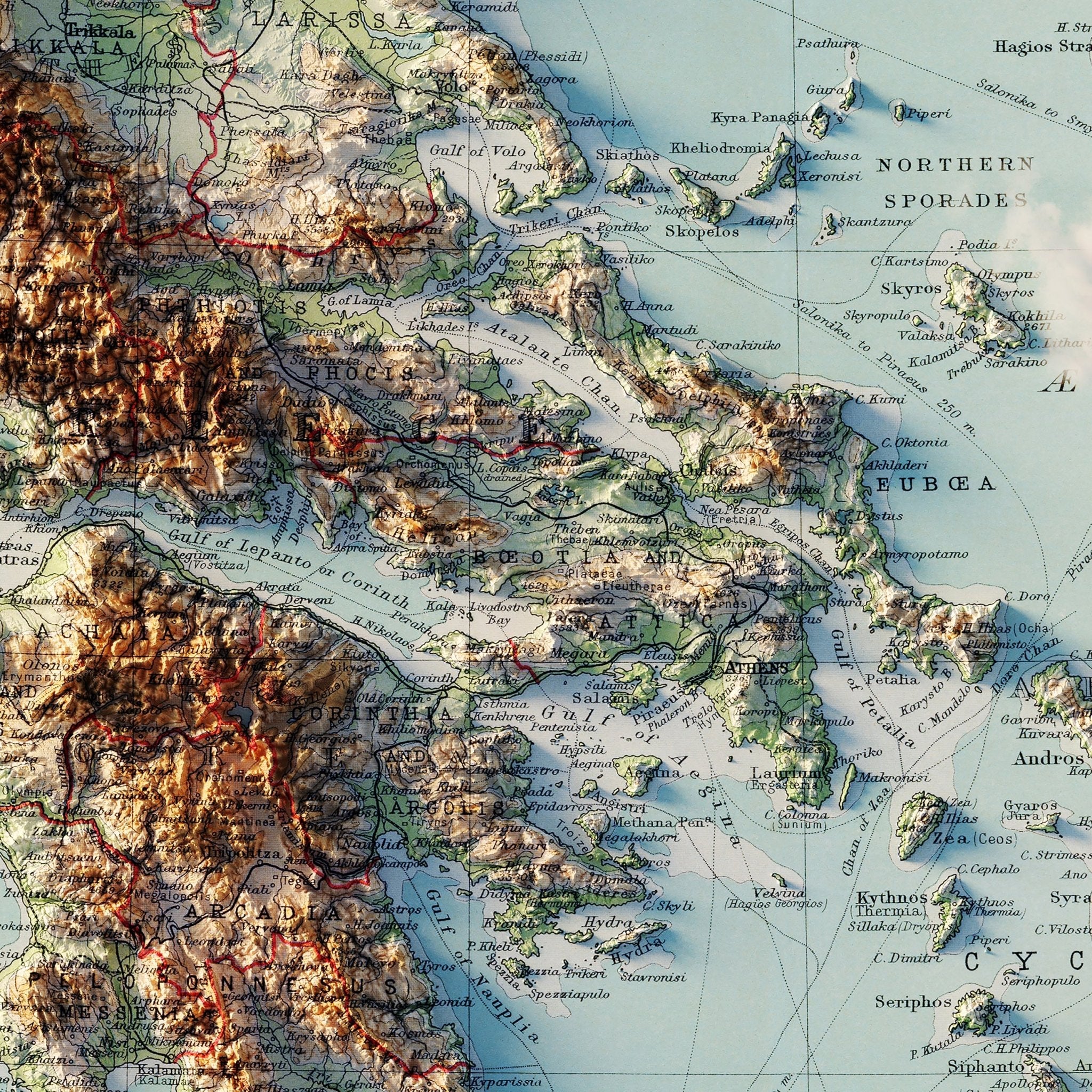 Greece and the Aegean Sea 1922 Shaded Relief Map - Muir Way - Vintage Relief