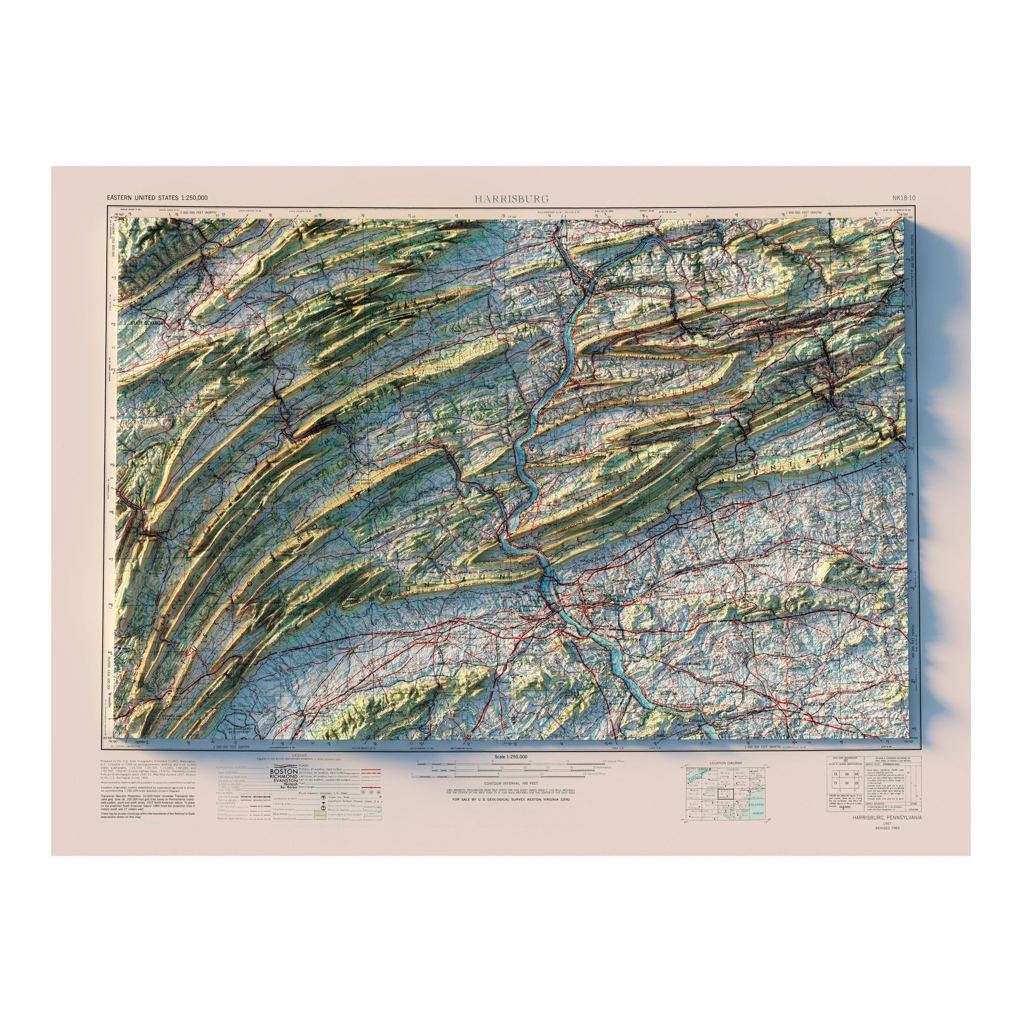 Harrisburg, PA 1957 Shaded Relief Map - Muir Way - Vintage Relief